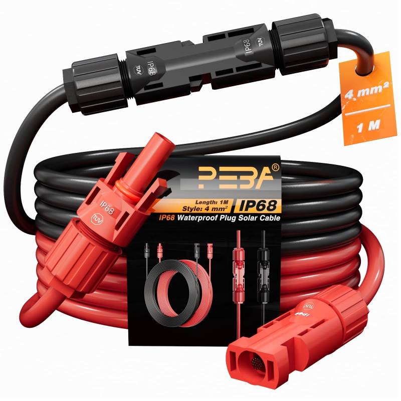 PEBA Solarkabel 4mm²/6mm², Solarkabel Verlängerung 1/2/3/5/8/1015/20M, Solarkabel Verlängerungskabel(Rot/Schwarz), IP68 Wasserdichte Solarstecker, PV kabel (4mm² 1M) von PEBA