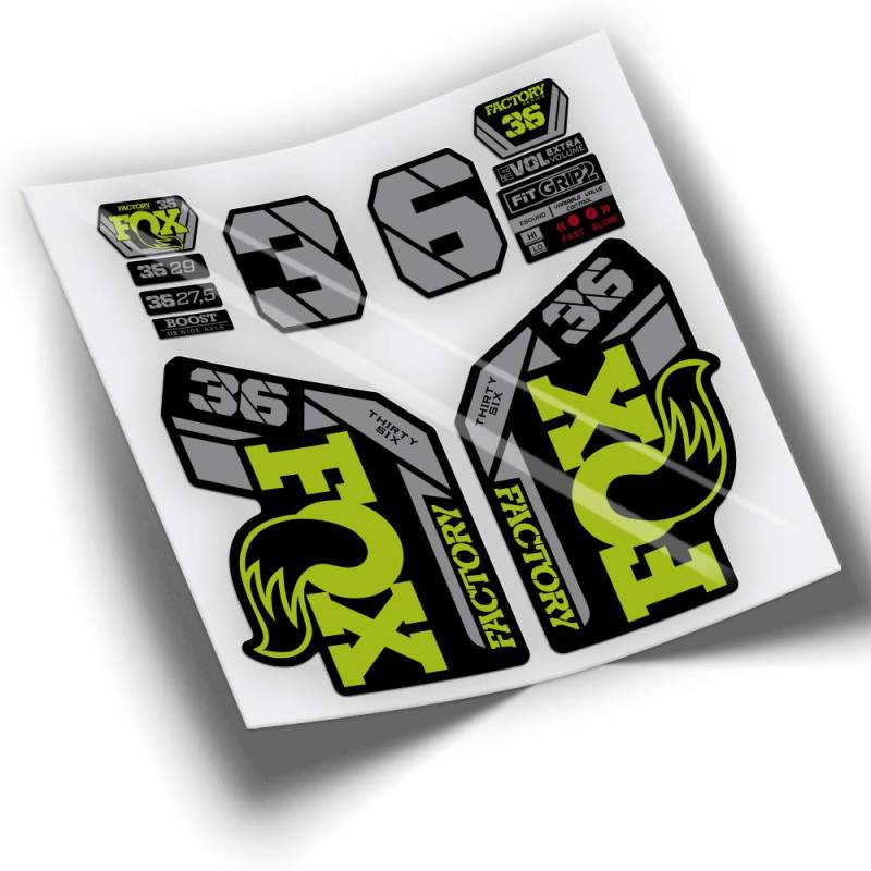 PEGATINEA Gabelaufkleber Fox 36 Factory 2021, zweifarbig, Limettengrün, Vinyl, Rugend, Fahrradgabelaufkleber-Set, Decal, Fahrradgabel, Fuchs, Metall, Kunststoff, Outdoor, Erwachsener, Motorrad von PEGATINEA
