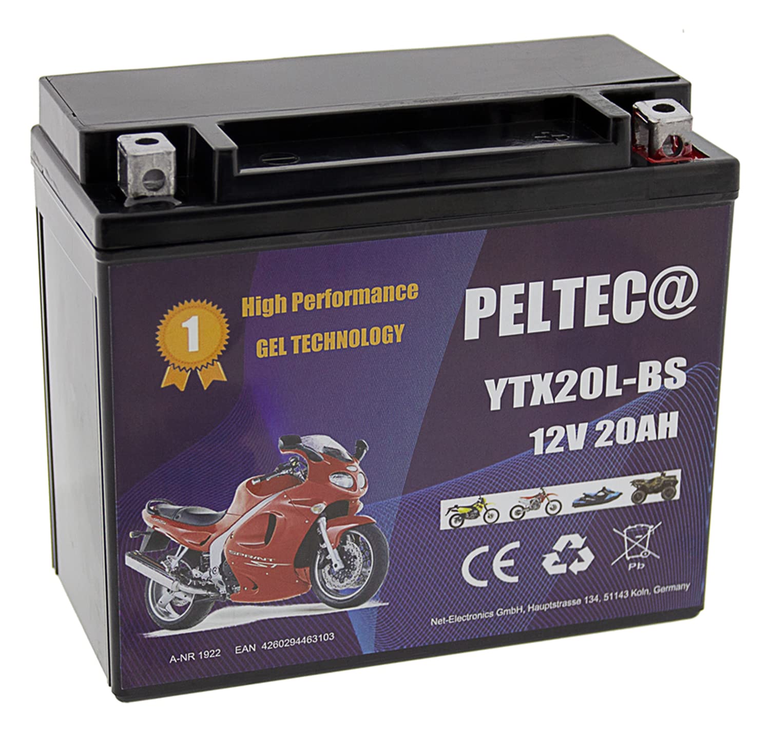 Peltec Premium Motorrad Batterie GEL Akku 12V 20Ah YTX20L-BS 51821 GTX20L-BS CTX20L-BS Scooter Elektroroller Quad Jetski von PELTEC@