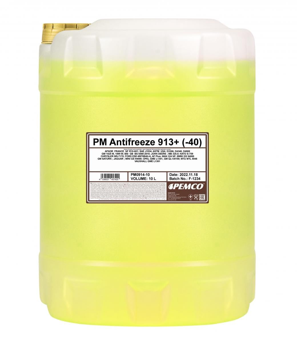 10 Liter Original PEMCO Kühlerfrostschutz Antifreeze 913+ (-40) gelb yellow G13+ von PEMCO