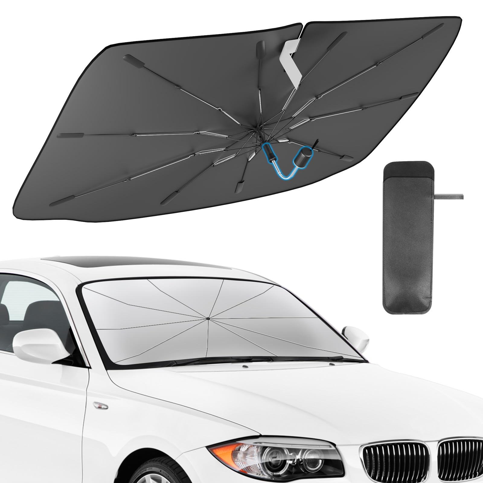 PEMOTech Sonnenschutz Auto Frontscheibe Upgrade 360° Drehbar Faltbarer UV-Schutz Windschutzscheibe Sonnenschutz, Automatische Rückzugsfunktion, Wärmeisolierung für meisten Auto von PEMOTech