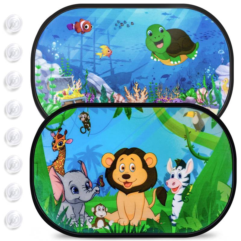 PEMOTech Sonnenschutz Auto Baby UV Schutz UPF 50+ mit 8 Saugnäpfen Autofenster Sonnenschutz für Kinder mit süßen Tier Motiven-2er Set Universal Passend für die Meisten (99%) Autos von PEMOTech