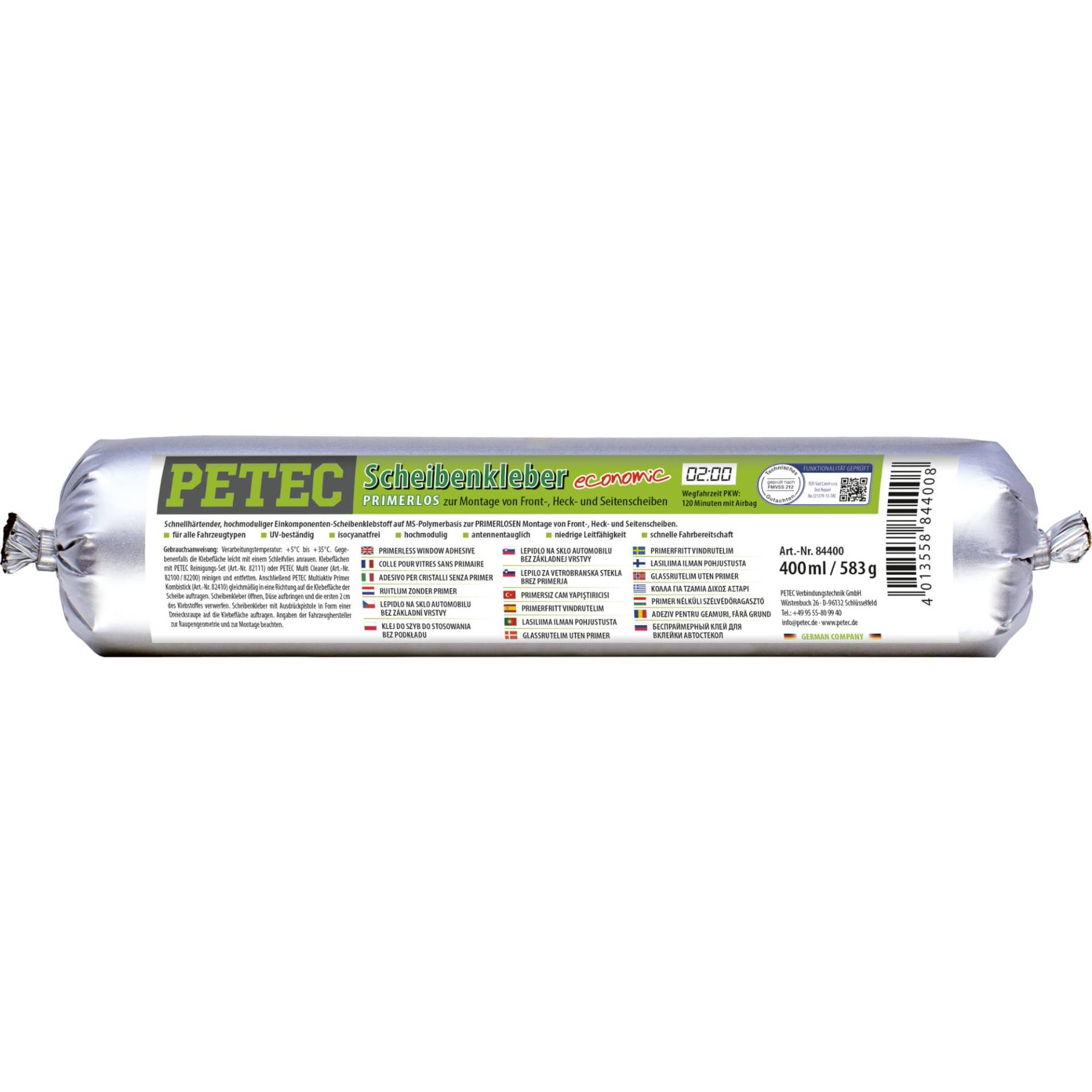 PETEC Scheibenkleber Economic Autoscheiben MS Polymer Kleber primerlos schwarz 400ml Schlauchbeutel Auto Windschutzscheibe Steinschlag Reparatur 84400 von PETEC