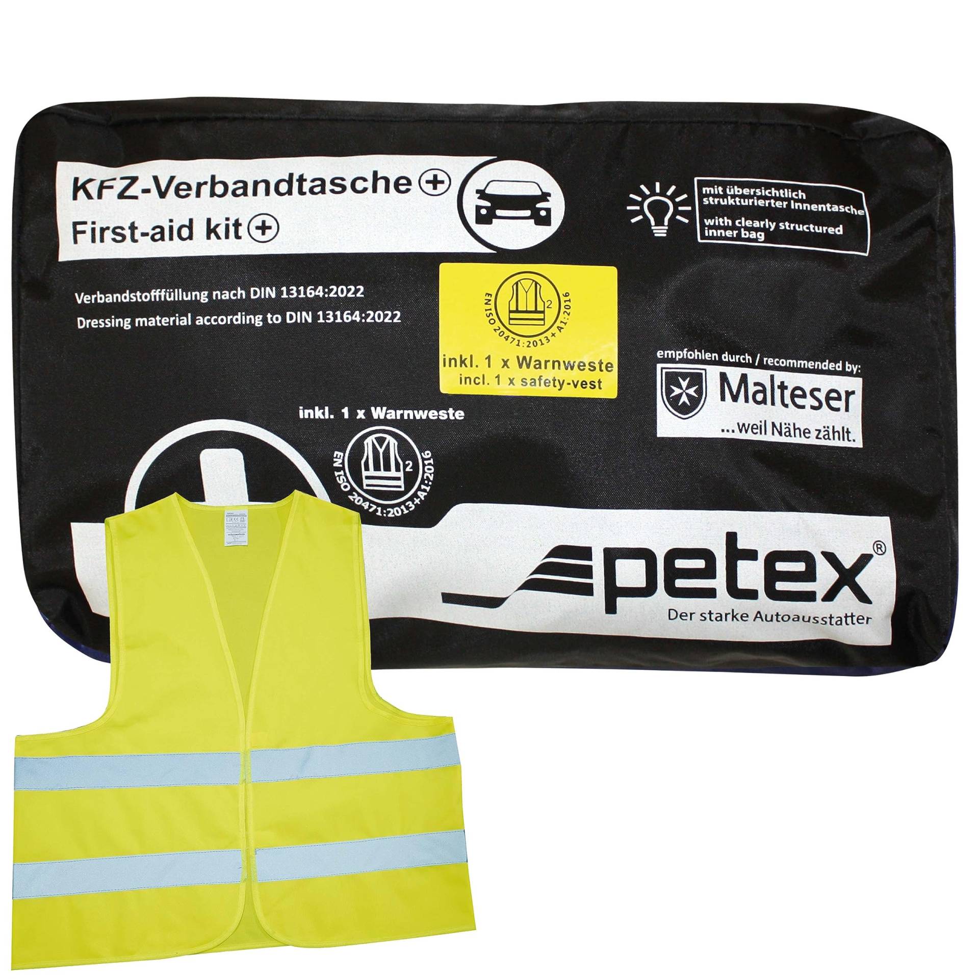 PETEX 2 in 1 Verbandtasche Plus, Inhalt nach DIN13164:2022 in Schwarz, Erste-Hilfe, First-Aid-Kit von PETEX