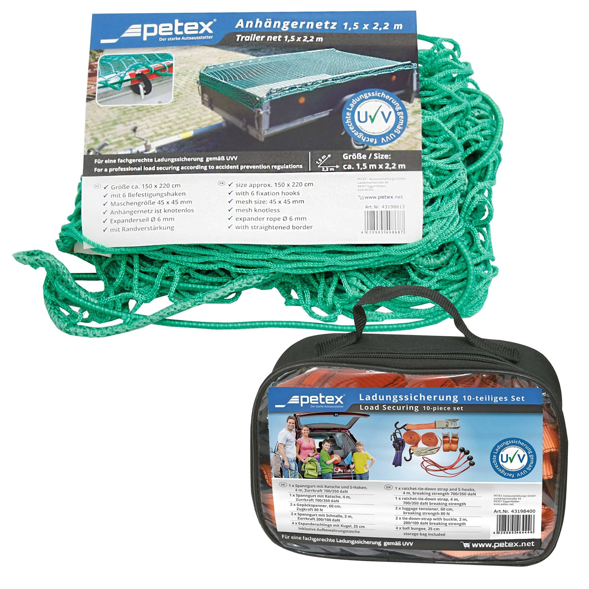 PETEX Anhängernetz 1,5 x 2,2 m, grün inkl. Ladungssicherungsset, 10-teilig von PETEX