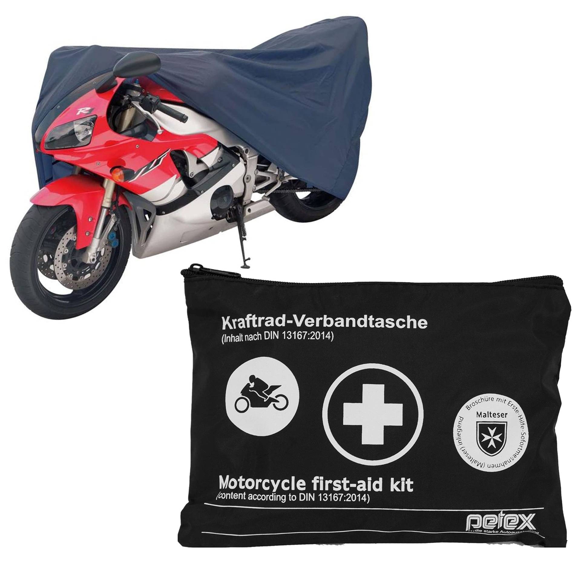 PETEX Motorrad Schutzgarage, Größe M: ca. 203 x 89 x 119 cm, blau und Motorrad Verbandtasche nach DIN 13167, schwarz - Set von PETEX