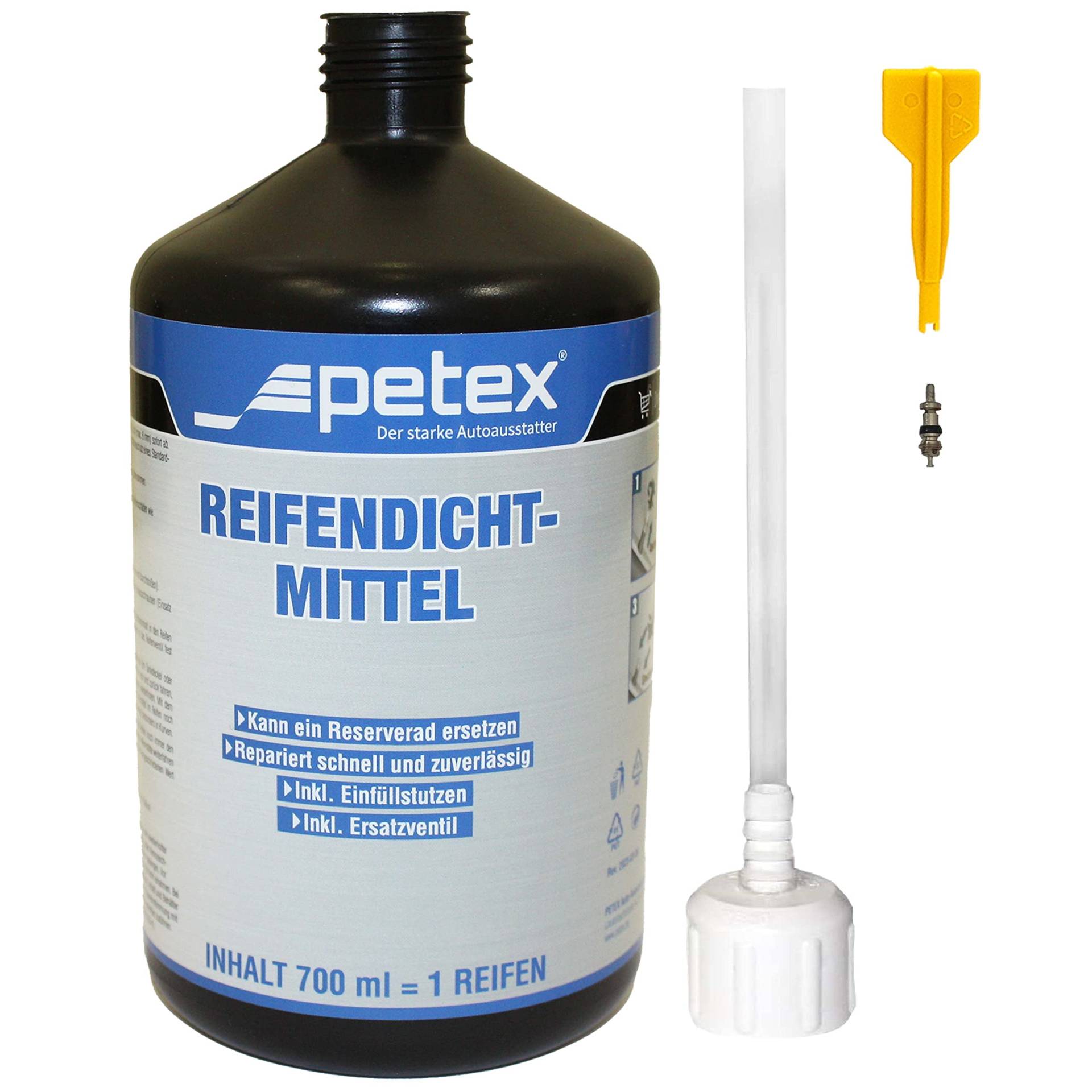 Petex Reifendichtmittel Inhalt 700 ml inkl. Einfülldeckel, Ventilausdreher mit Flügel, Ersatzventil von PETEX