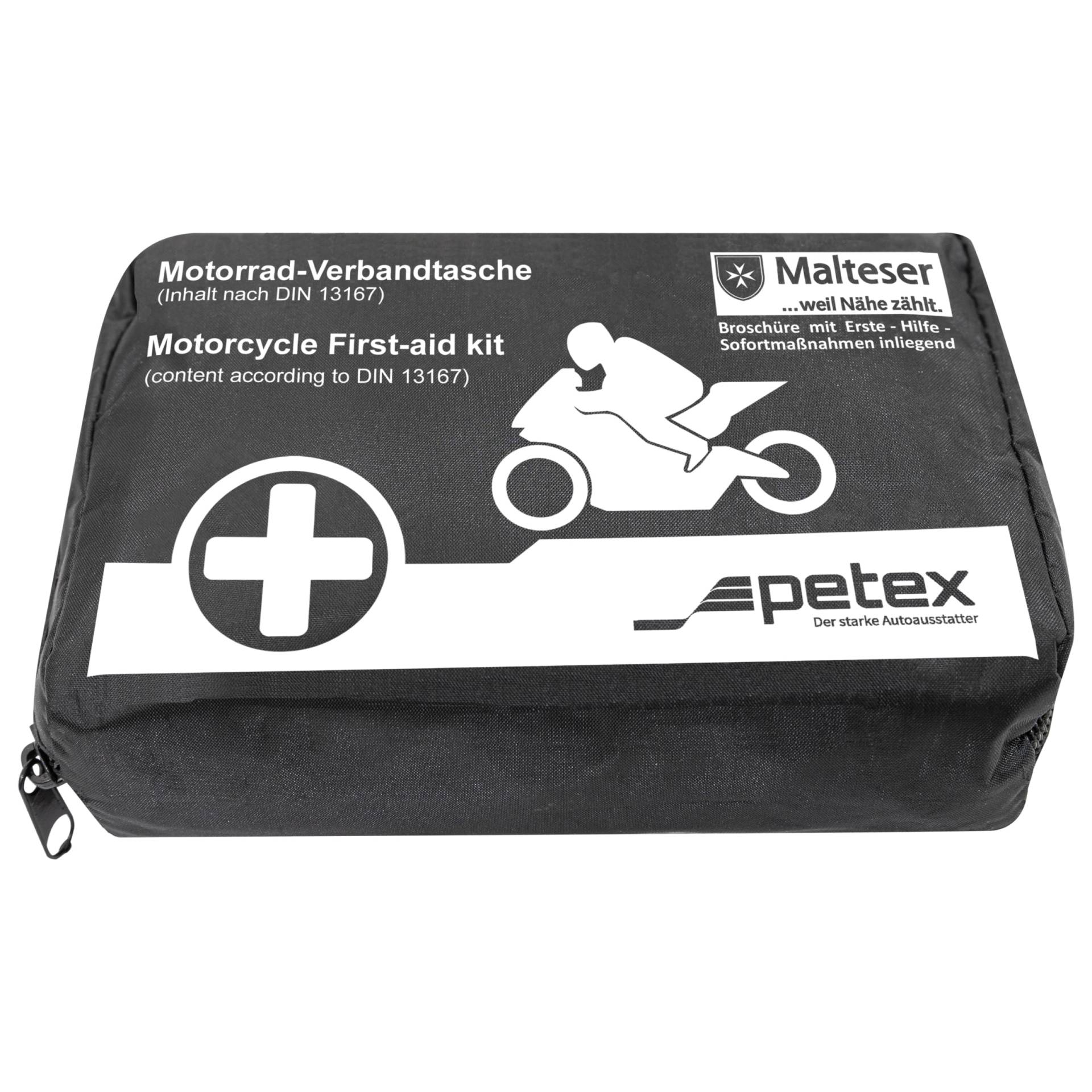Petex Verbandtache Motorrad-Verbandtasche, kompakt, Erste Hilfe First Aid für Motorräder, Inhalt nach DIN 13167:2014 von PETEX