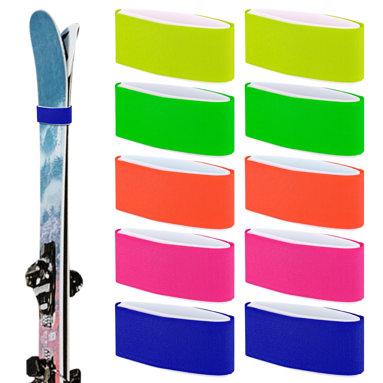 10 Stück Skigurte, verstellbare Skiwickelgurte EVA-Bänder Skibefestigungsband (Blau, Rosenrot, Orange, Gelb, Grün) von PEUTIER
