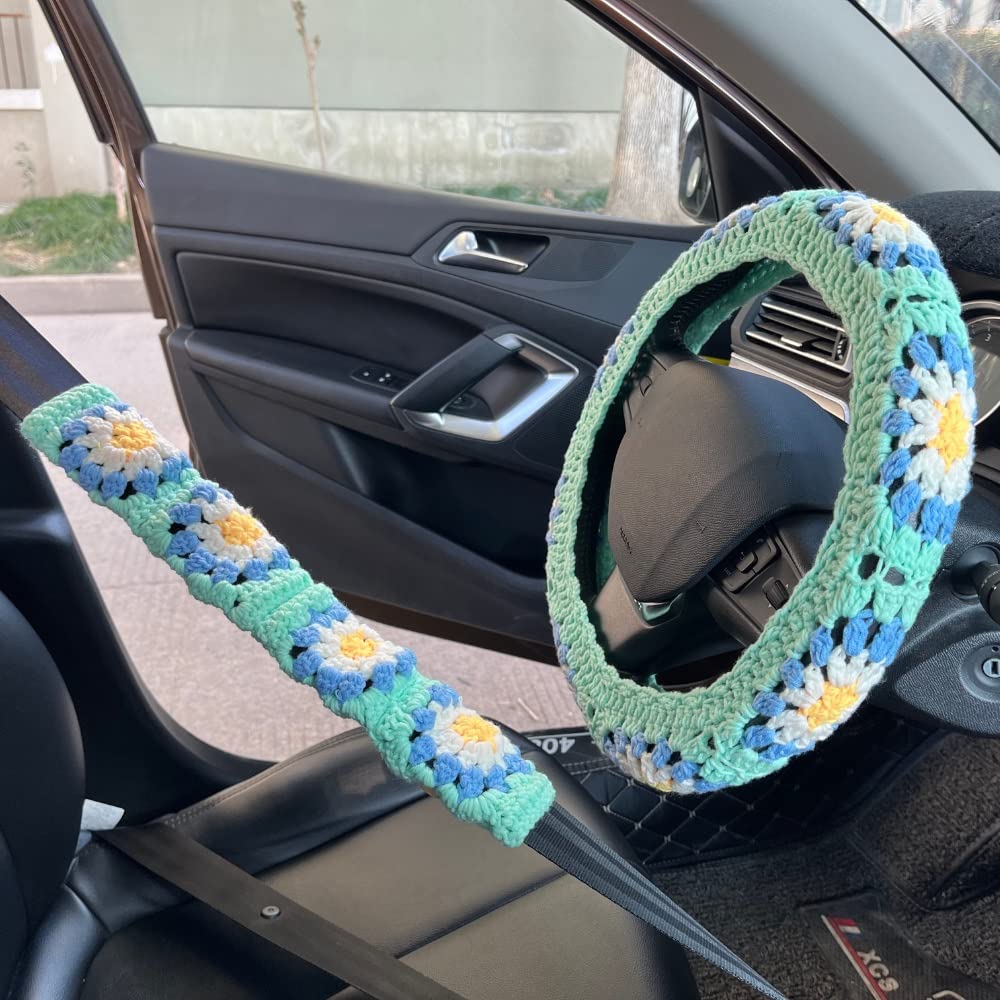 Auto Häkeln Blume Lenkradbezug Stricken Sonnenblume Garn Radabdeckung Für Frauen Handgemachtes Geschenk Autozubehör Untersetzer Auto Lenkradbezug (Color : 30WheelCoverSet) von PEYDEN