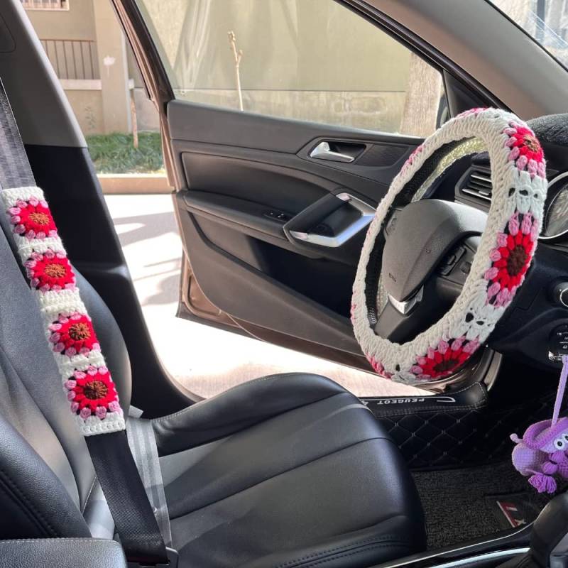 Auto Häkeln Blume Lenkradbezug Stricken Sonnenblume Garn Radabdeckung Für Frauen Handgemachtes Geschenk Autozubehör Untersetzer Auto Lenkradbezug (Color : 31WheelCoverSet) von PEYDEN