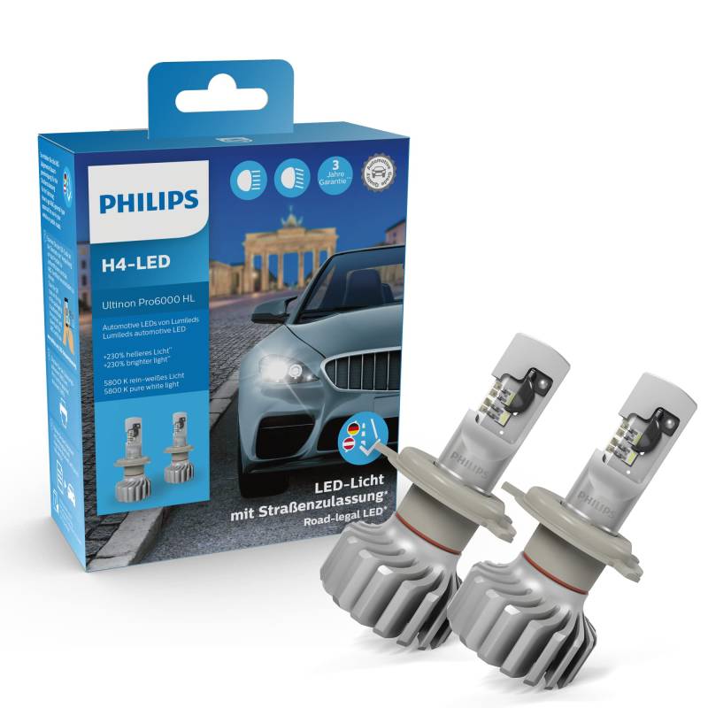 Philips Ultinon Pro6000 H4-LED Scheinwerferlampe mit Straßenzulassung, 230% helleres Licht, 5.800K von Philips