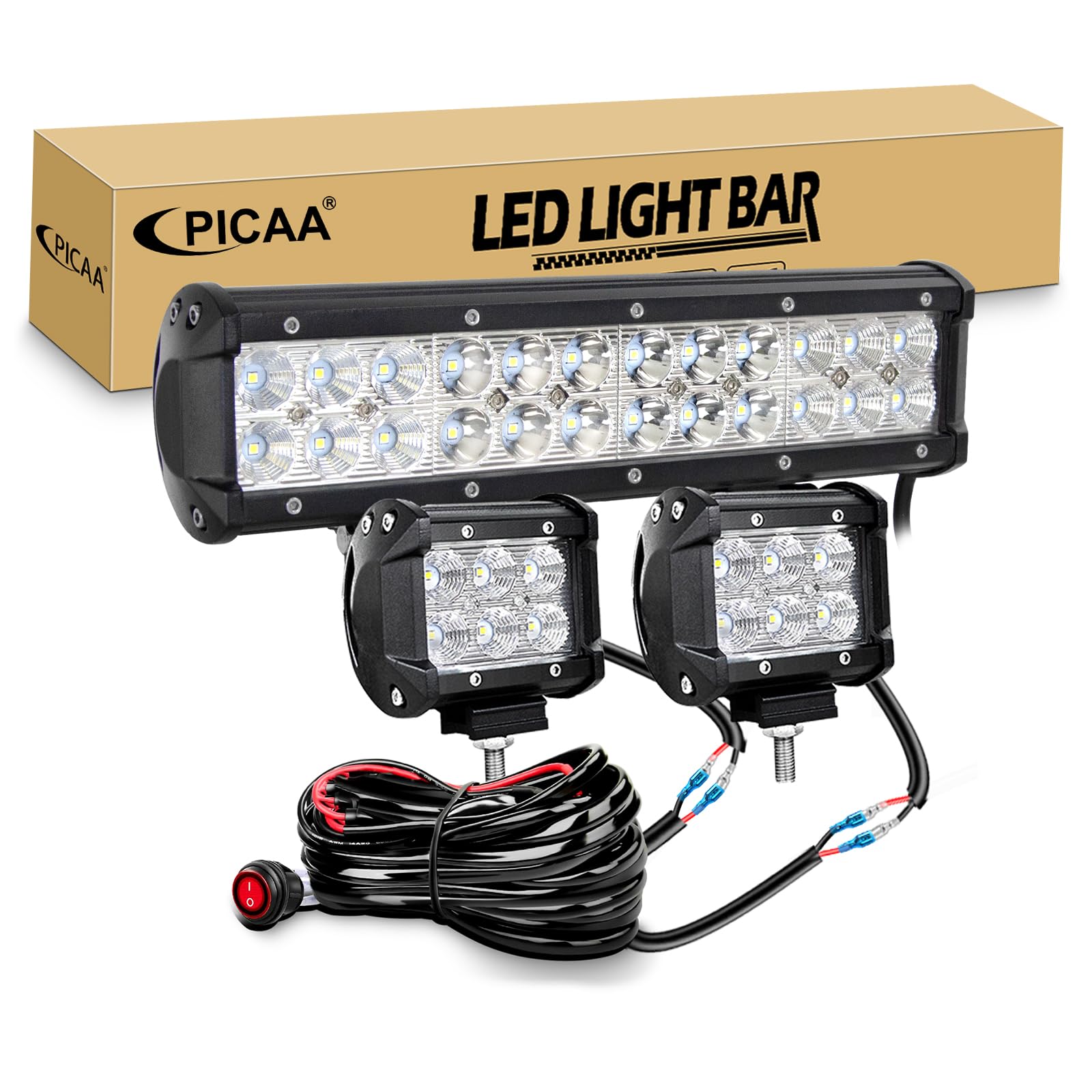 PICAA 12 Zoll 72W LED Lightbar+2x 4 18W LED Arbeitsscheinwerfer+Kabelbaum Kit, Tri-Reihen Led Lichtbalken 12V 24V Auto Offroad 4x4 Zusatzscheinwerfer Flutlicht Spotlight von PICAA
