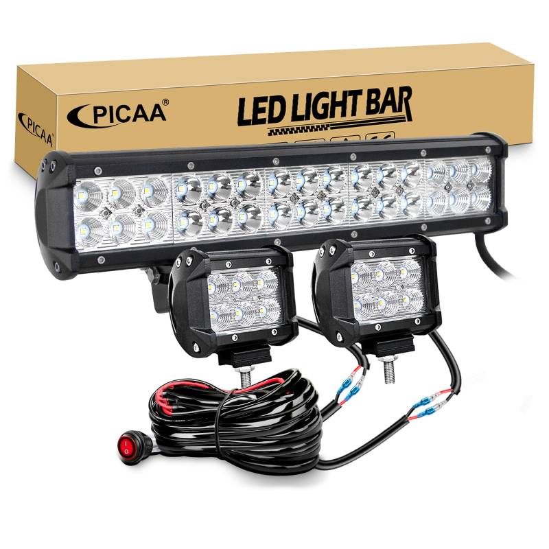 PICAA 14 Zoll 90W LED Lightbar+2x 4 18W LED Arbeitsscheinwerfer+Kabelbaum Kit, Tri-Reihen Led Lichtbalken 12V 24V Auto Offroad 4x4 Zusatzscheinwerfer Flutlicht Spotlight von PICAA