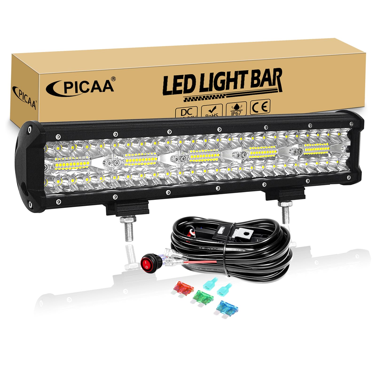 PICAA 15 Zoll 300W LED Lightbar mit Kabelbaum Kit Tri-Reihe LED Lichtbalken Arbeitsscheinwerfer 12V 6000K Weiß Wasserdicht für Auto Offroad 4x4 LKW ATV SUV von PICAA