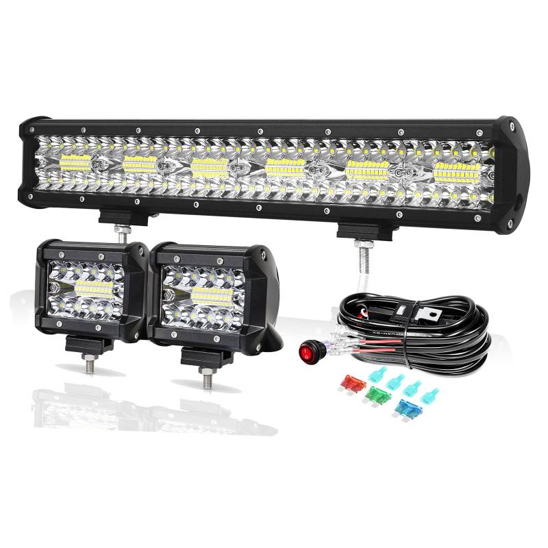 PICAA 18 Zoll 360W LED Lightbar mit 2X 4 60W Arbeitsscheinwerfer und Kabelbaum Kit, Tri-Reihen LED Lichtbalken 12V 24V Auto Offroad 4x4 Led Zusatzscheinwerfer Scheinwerfer von PICAA