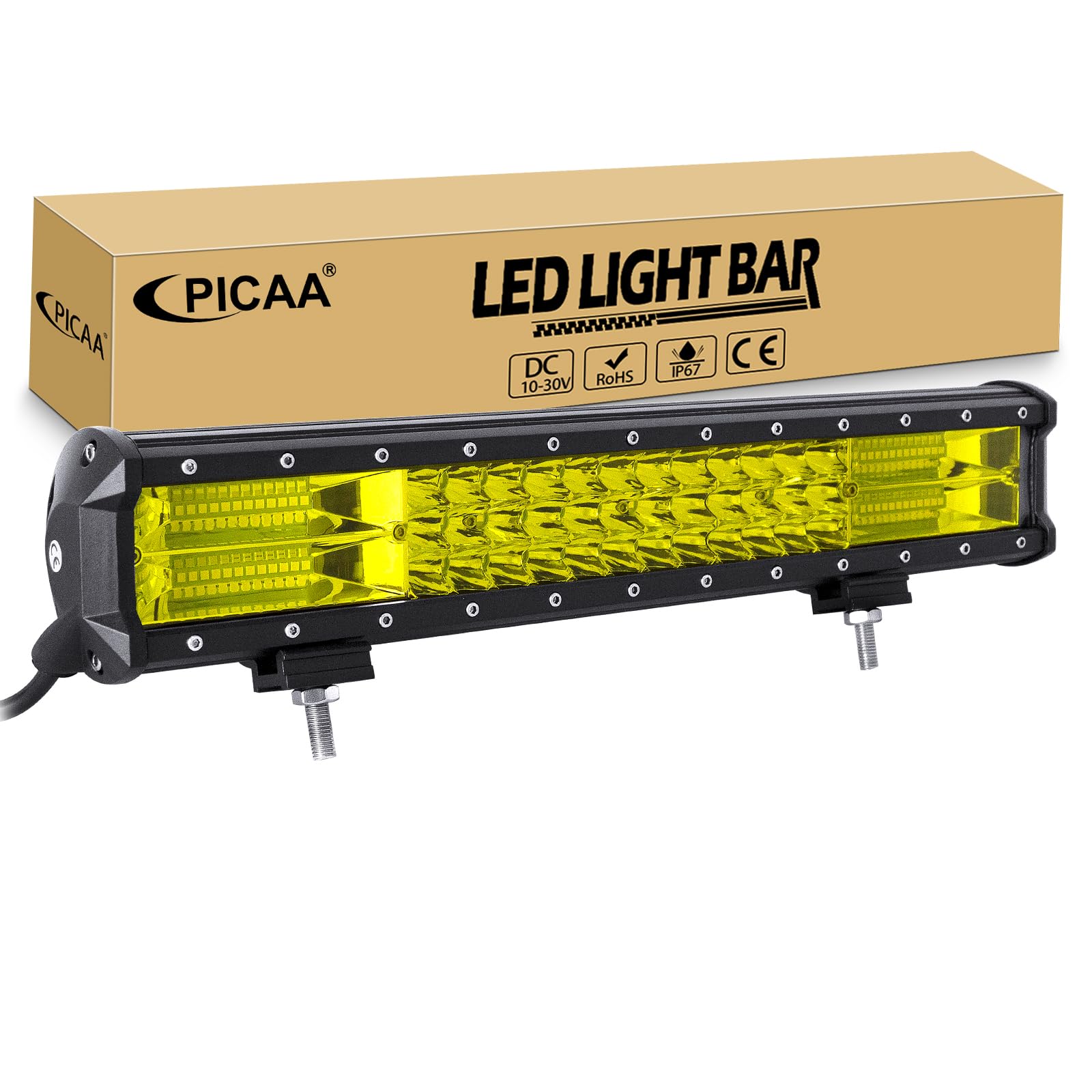 PICAA 18 Zoll 252W Gelb LED Lightbar, Tri-Reihen LED Arbeitsscheinwerfer Lichtbalken 12V 24V Lichtleiste Auto Offroad 4x4 Zusatzscheinwerfer Flutlicht Spotlight von PICAA