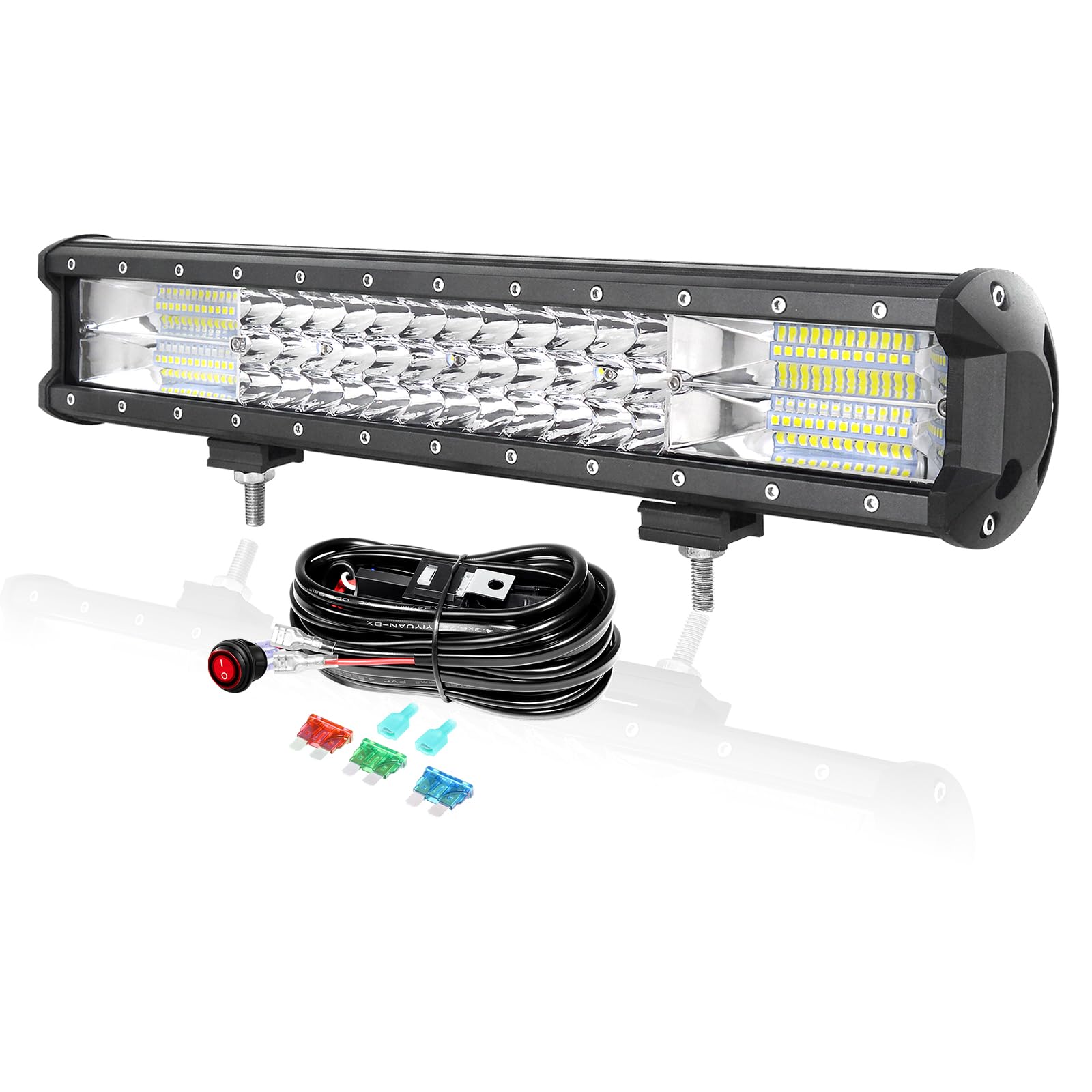 PICAA 18 Zoll 252W LED Lightbar mit Kabelbaum Kit, Tri-Reihen LED Arbeitsscheinwerfer Lichtbalken 12V 24V Auto Offroad 4x4 Zusatzscheinwerfer Flutlicht Spotlight von PICAA