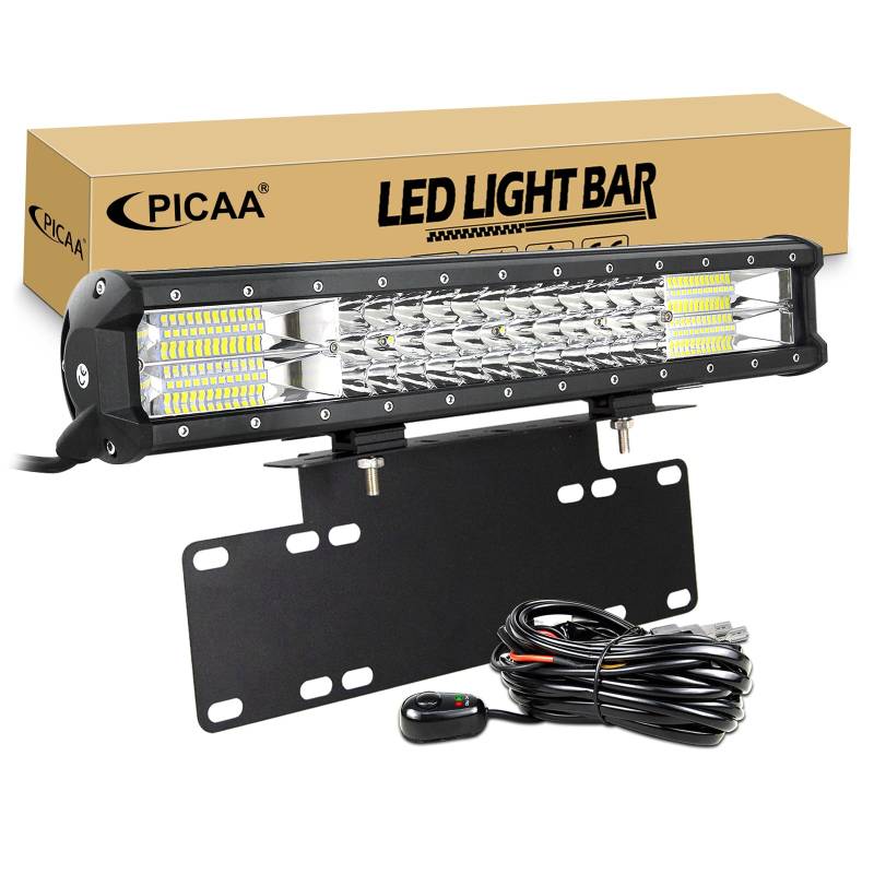PICAA 18 Zoll 252W LED Lightbar mit Kennzeichenhalterung 12V Kabelbaum Kit, 3 Rows LED-Lichtleiste Arbeitsscheinwerfer Spot Flood für Auto Offroad 4x4 LKW Traktor, 6000K Weiß Wasserdicht von PICAA