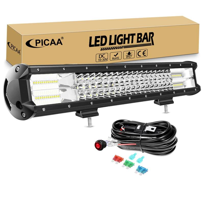 PICAA 20 Zoll 288W LED Lightbar mit Kabelbaum Kit, Tri-Reihen LED Arbeitsscheinwerfer Lichtbalken 12V 24V Auto Offroad 4x4 Zusatzscheinwerfer Flutlicht Spotlight von PICAA