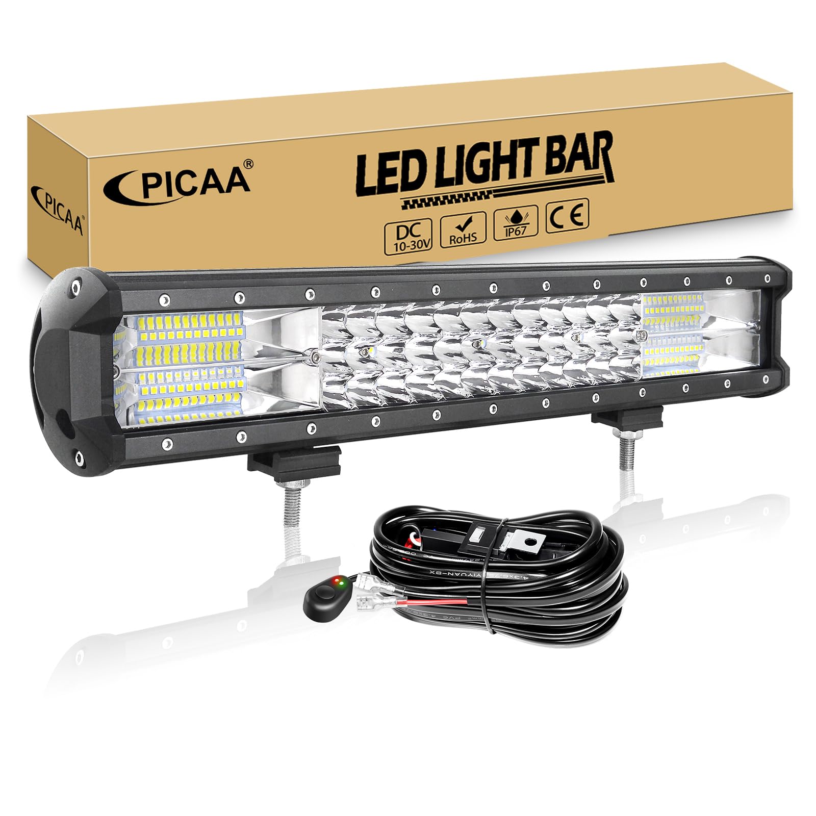 PICAA 252W 18 Zoll LED Lightbar mit Kabelbaum Kit Tri-Reihe LED Lichtbalken Arbeitsscheinwerfer 12V 6000K Wasserdicht für Auto Offroad LKW ATV UTV SUV von PICAA