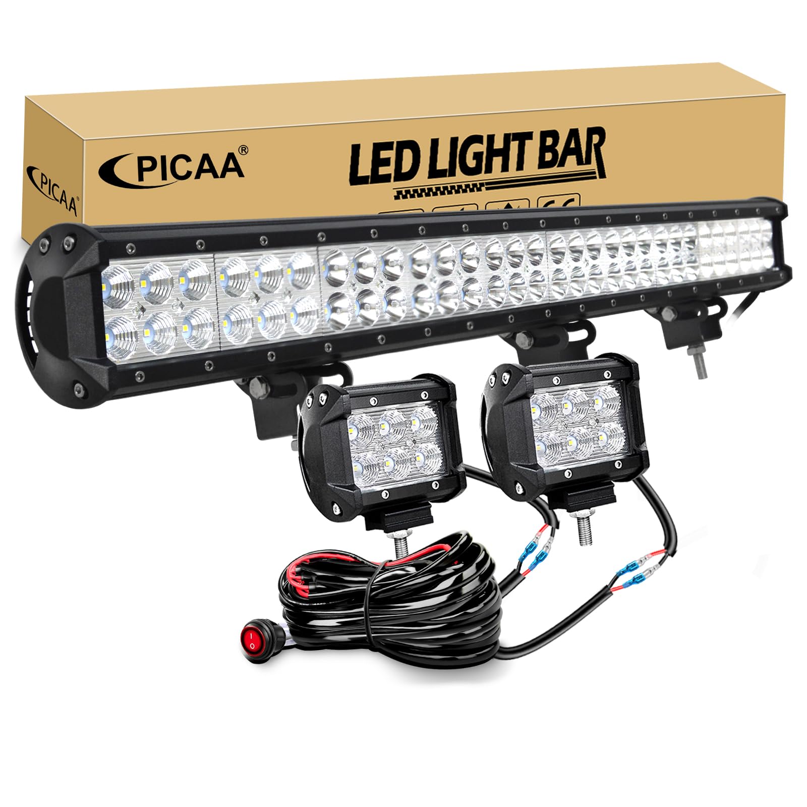 PICAA 28 Zoll 180W LED Lightbar+2x 4 18W LED Arbeitsscheinwerfer+Kabelbaum Kit, Tri-Reihen Led Lichtbalken 12V 24V Auto Offroad 4x4 Zusatzscheinwerfer Flutlicht Spotlight von PICAA