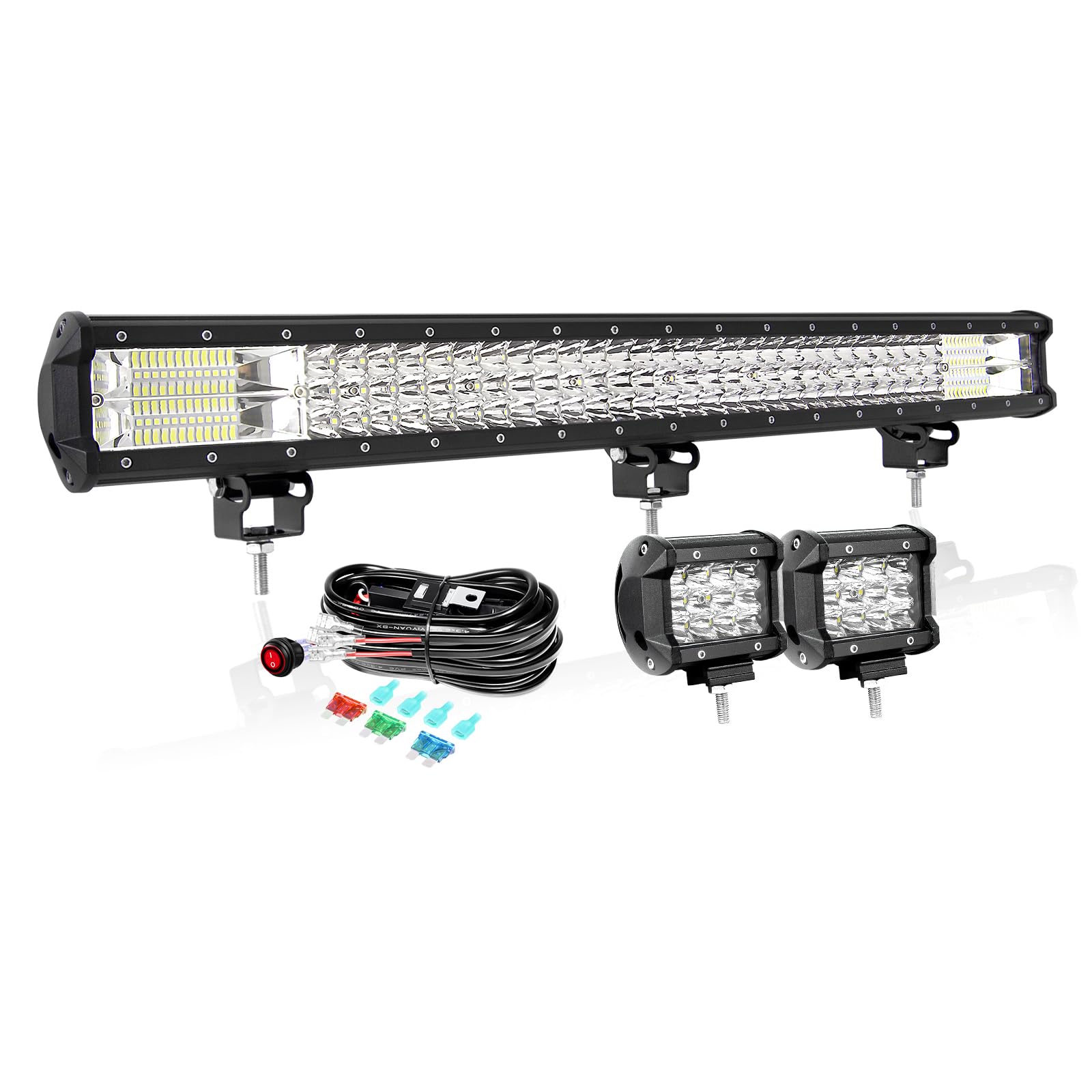 PICAA 28 Zoll 396W LED Lightbar+2x 4 36W LED Arbeitsscheinwerfer+Kabelbaum Kit, Tri-Reihen Led Lichtbalken 12V 24V Auto Offroad 4x4 Zusatzscheinwerfer Flutlicht Spotlight von PICAA