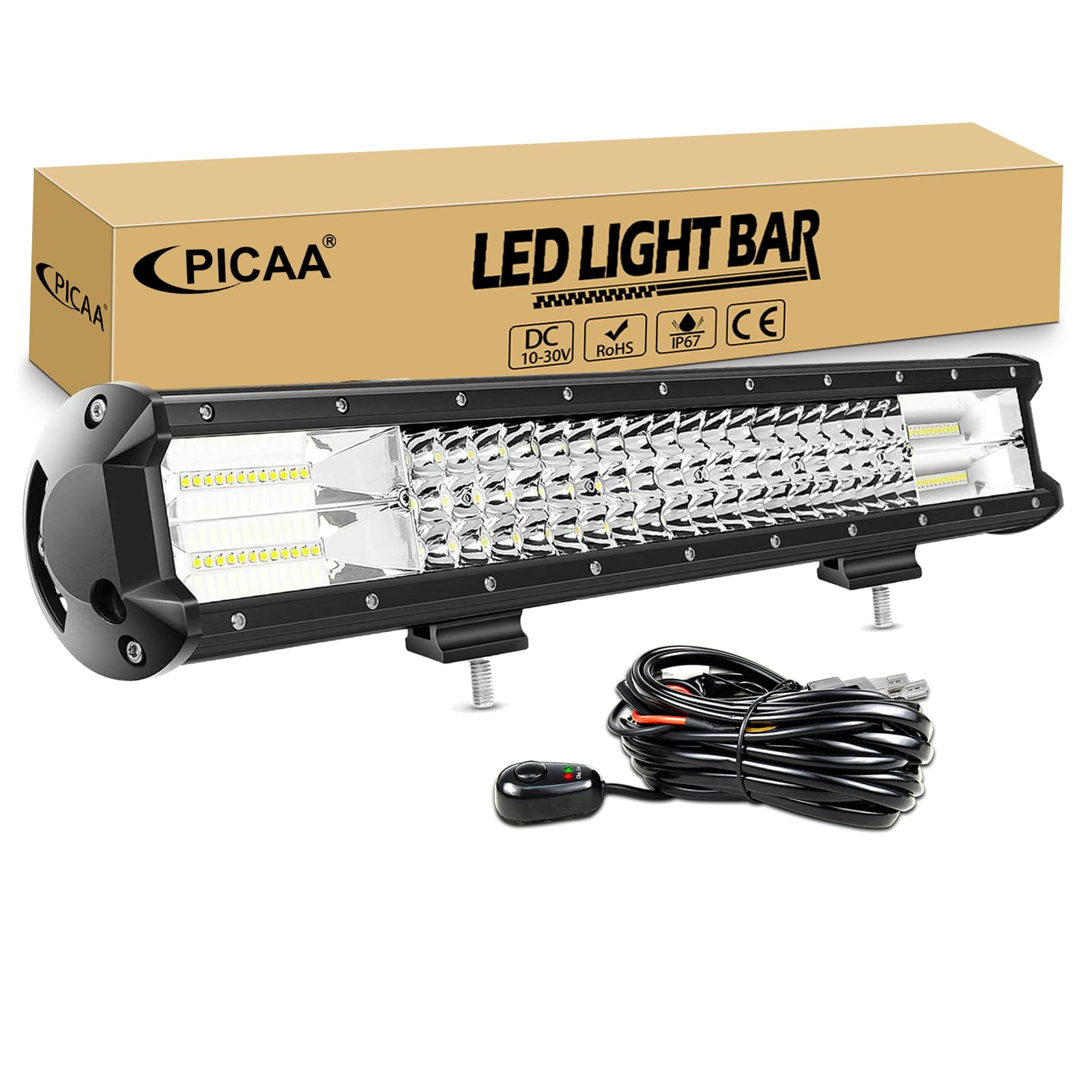 PICAA 288W 20 Zoll LED Lightbar mit Kabelbaum Kit Tri-Reihe LED Lichtbalken Arbeitsscheinwerfer 12V 6000K Wasserdicht für Auto Offroad LKW ATV UTV SUV von PICAA