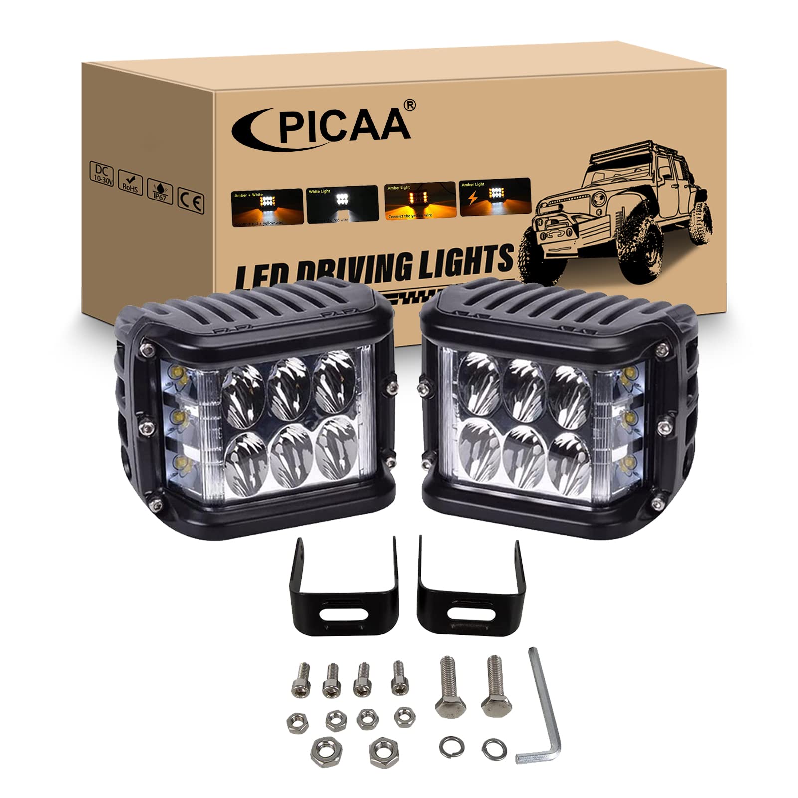 PICAA 2x 4 Zoll 60W LED Arbeitsscheinwerfer, Weiß und Bernstein 12V 24V Lichtbalken Led Nebelscheinwerfer Fahrlicht Lightbar für Auto Offroad 4X4 Traktor LKW Fahrzeuge von PICAA