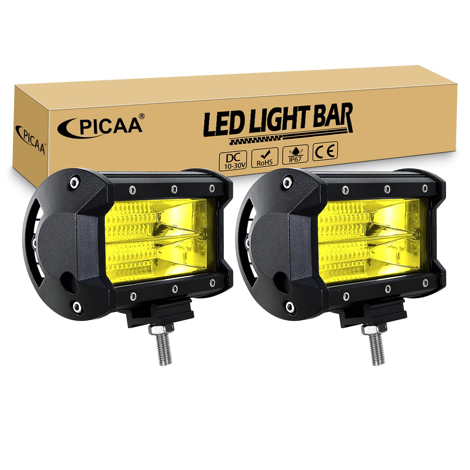 PICAA 2x 5 Zoll 72W Gelb LED Arbeitsscheinwerfer, 3000K LED Lightbar Lichtbalken 12V 24V Lichtleiste Zusatzscheinwerfer für Auto Offroad 4x4 LKW Traktor ATV Motorrad von PICAA