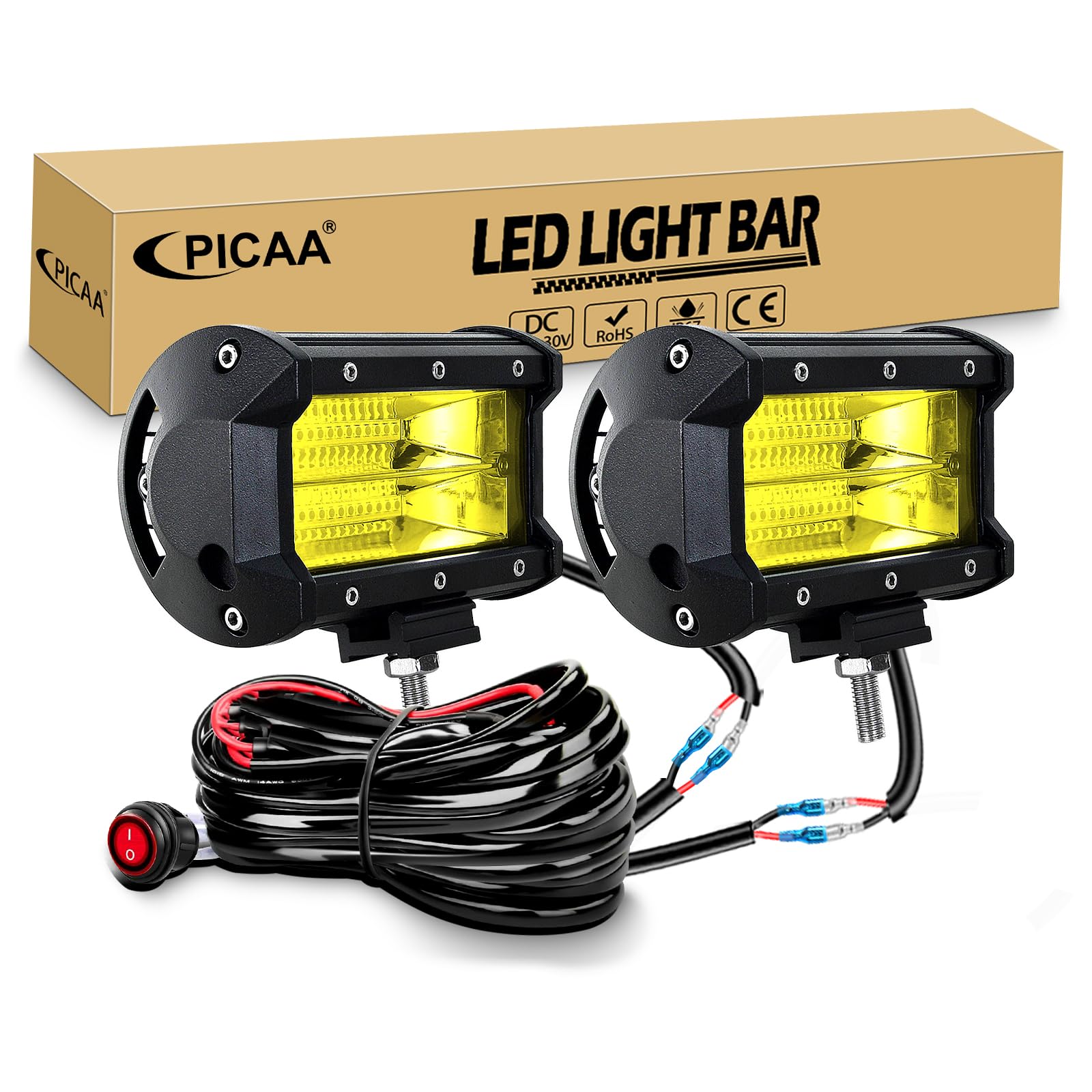 PICAA 2x 5 Zoll 72W Gelb LED Arbeitsscheinwerfer mit Kabelbaum Kit, LED Lightbar Lichtbalken 12V 24V Zusatzscheinwerfer für Auto Offroad 4x4 LKW Traktor ATV Motorrad von PICAA