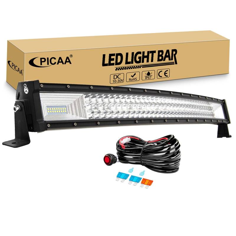 PICAA 3 Rows Gewölbt 32 Zoll LED Lightbar 405W mit Kabelbaum Kit Lichtbalken Arbeitsscheinwerfer Flutlicht Spotlight für Offroad Auto 12V 6000K Weiß von PICAA