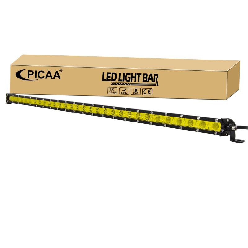 PICAA 32 Zoll 150W Gelb LED Arbeitsscheinwerfer, Ultra Schlank Spotlight Flutlicht LED Lightbar Lichtbalken 12V 24V Zusatzscheinwerfer für Auto Offroad 4x4 LKW Traktor ATV von PICAA