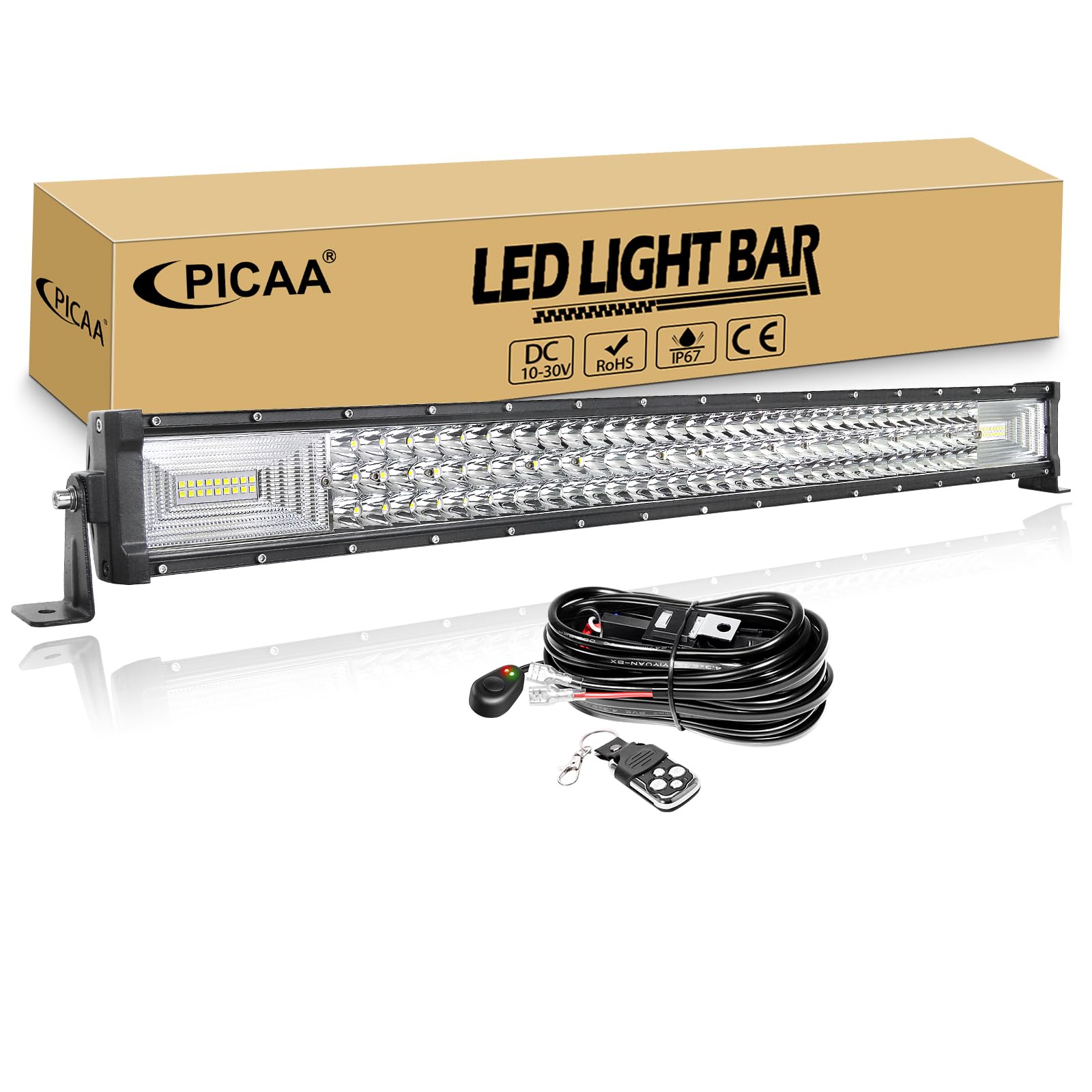 PICAA 32 Zoll 405W LED Arbeitsscheinwerfer mit Blitz Kabelbaum Kit, Tri-Reihen LED Lightbar Lichtbalken 12V 24V Lichtleiste Auto Offroad 4x4 Zusatzscheinwerfer von PICAA