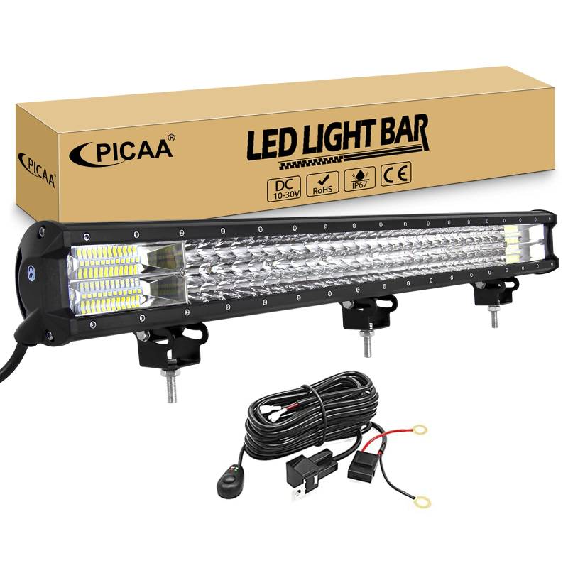 PICAA 28 Zoll 396W 3 Rows LED Lightbar Auto 12V Mit Kabelbaum Kit Led Lichtbalken Arbeitsscheinwerfer Bar 6000K Weiß Wasserdicht für Offroad LKW 4x4 SUV KFZ ATV von PICAA