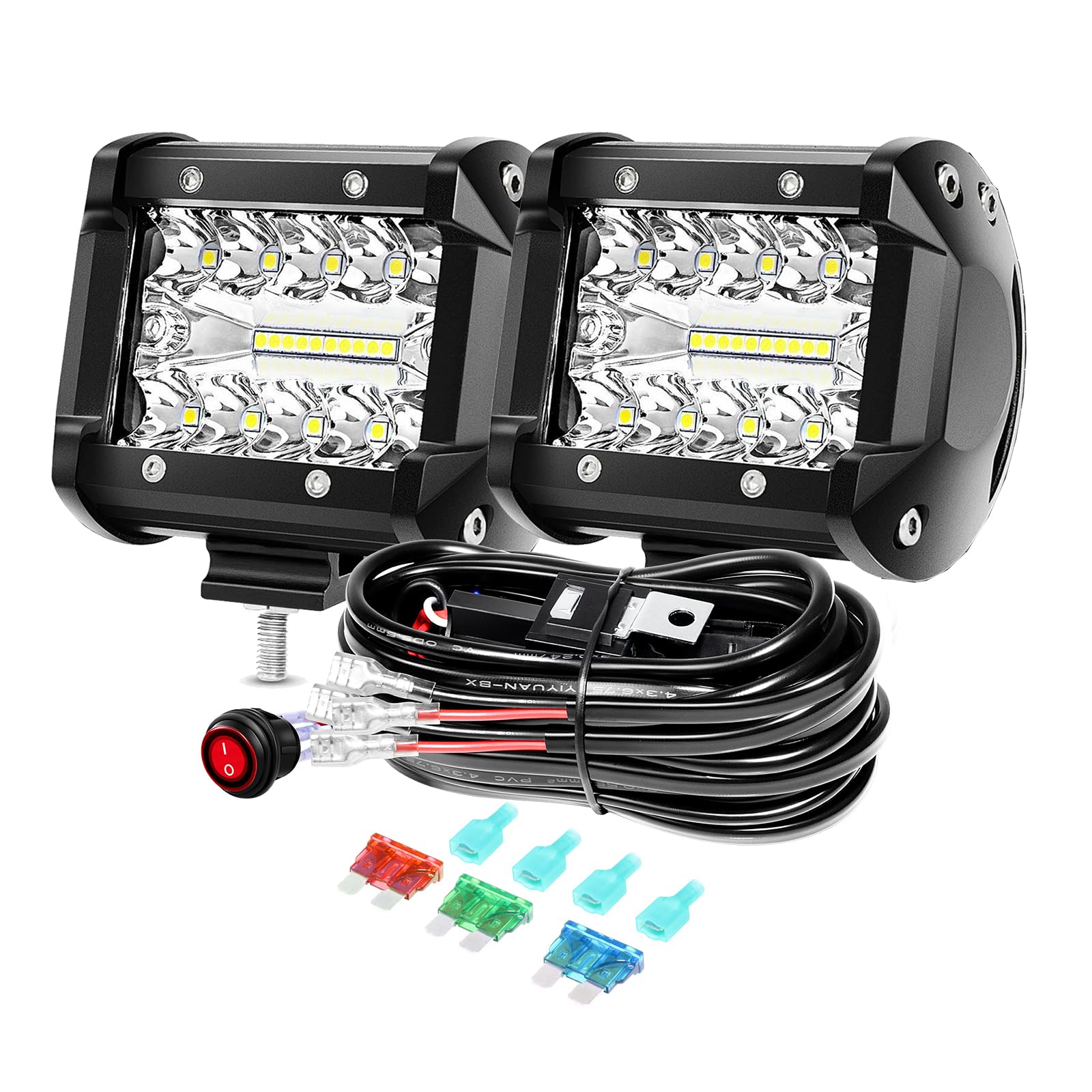 PICAA 4 Zoll 60W LED Arbeitsscheinwerfer mit Kabelbaum Kit Tri-Reihe LED Lightbar Lichtbalken 12V 6000K Weiß Wasserdicht für Auto Offroad 4x4 LKW ATV SUV von PICAA