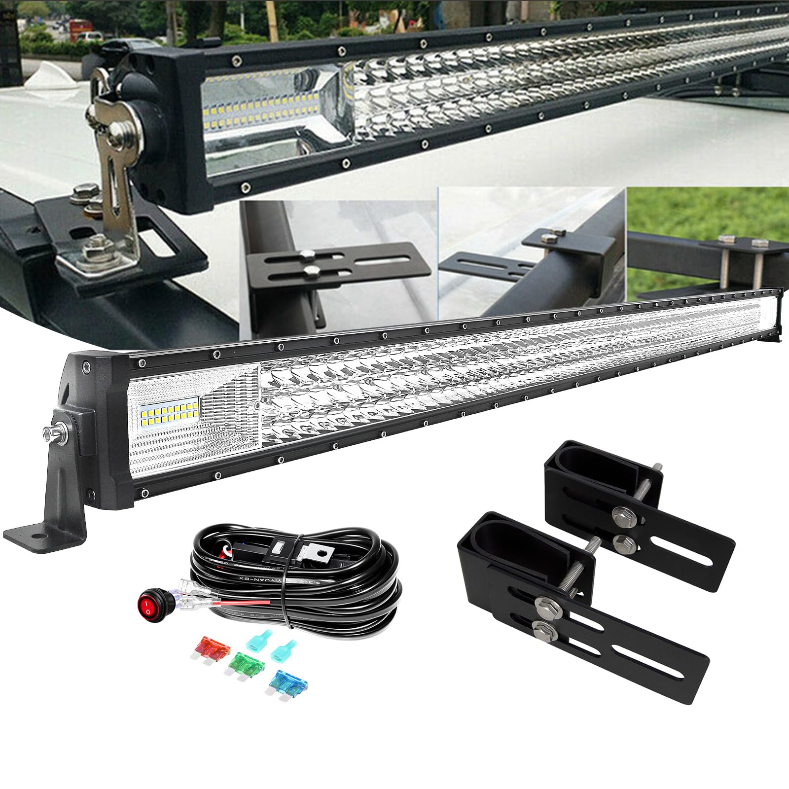 PICAA 42 Zoll 540W LED Lightbar mit Gepäck Halterung Kabelbaum Kit, Tri-Reihen LED Arbeitsscheinwerfer Lichtbalken 12V 24V Lichtleiste Auto Offroad 4x4 Zusatzscheinwerfer von PICAA