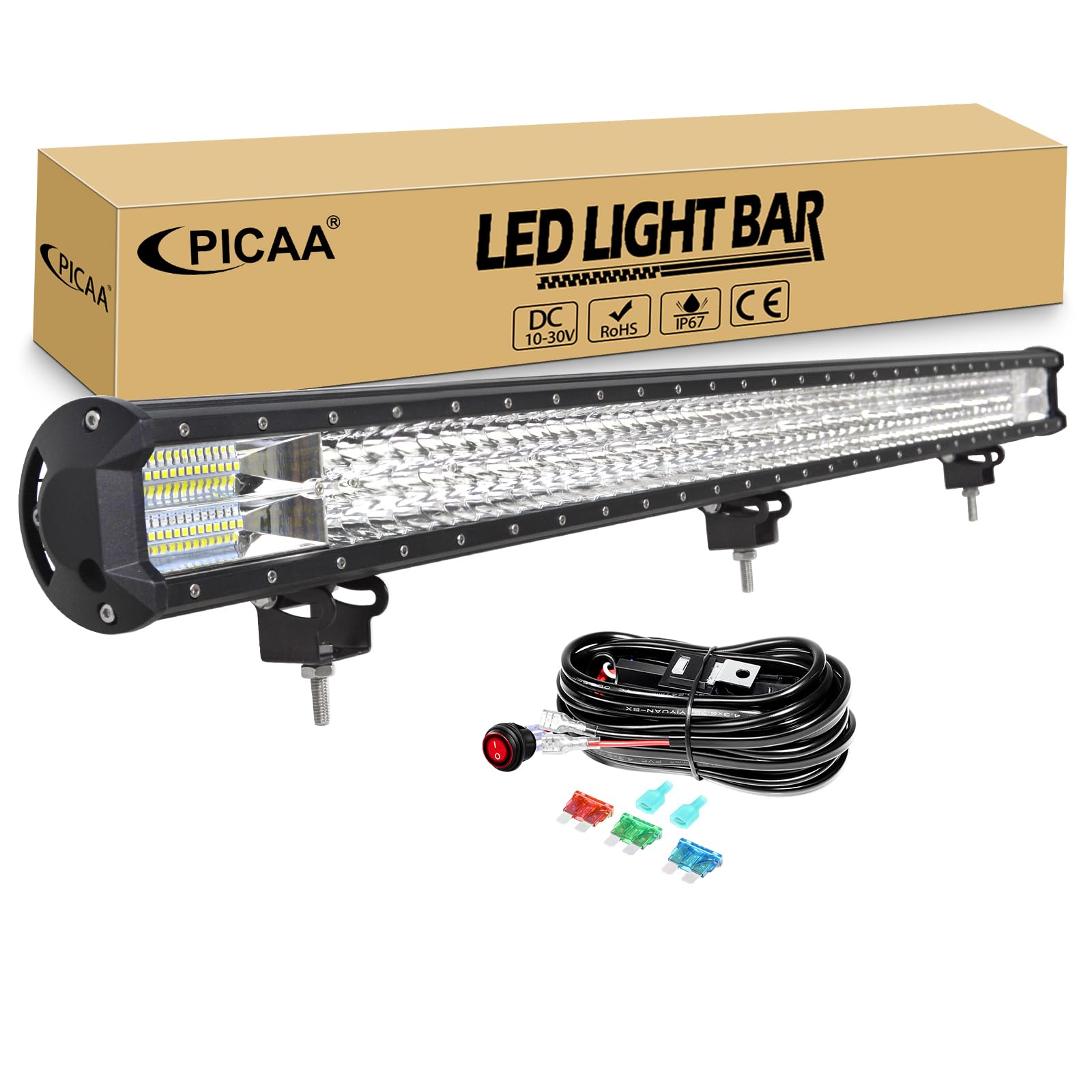 PICAA 45 Zoll 612W LED Lightbar mit Kabelbaum Kit, Tri-Reihen LED Arbeitsscheinwerfer Lichtbalken 12V 24V Auto Offroad 4x4 Zusatzscheinwerfer Flutlicht Spotlight von PICAA