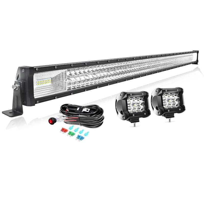 PICAA 52 Zoll 675W LED Lightbar+2X 4 36W Arbeitsscheinwerfer+Kabelbaum Kit, Tri-Reihen Led Lichtbalken 12V 24V Auto Offroad 4x4 Zusatzscheinwerfer Flutlicht Spotlight von PICAA