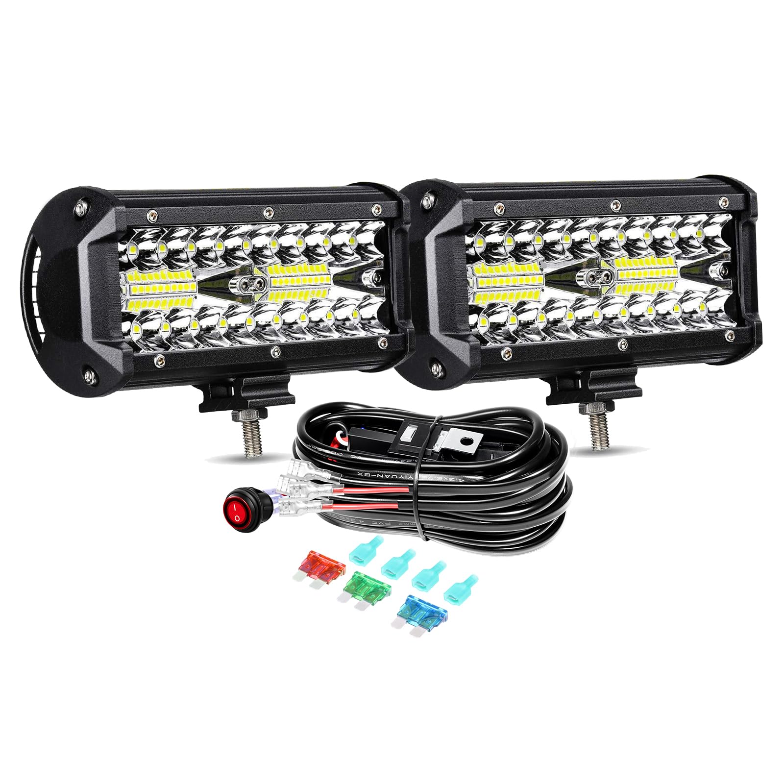 PICAA 2x 7 Zoll 120W LED Lightbar mit Kabelbaum Kit, Arbeitsscheinwerfer LED 12V LED Lichtbalken 6000K Weiß Wasserdicht für Auto Offroad 4X4 LKW ATV SUV von PICAA