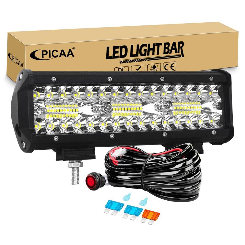 PICAA 9 Zoll 180W LED Lightbar mit Kabelbaum Kit, Arbeitsscheinwerfer LED 12V 6000K Weiß Wasserdicht für Auto Offroad 4X4 LKW ATV SUV von PICAA