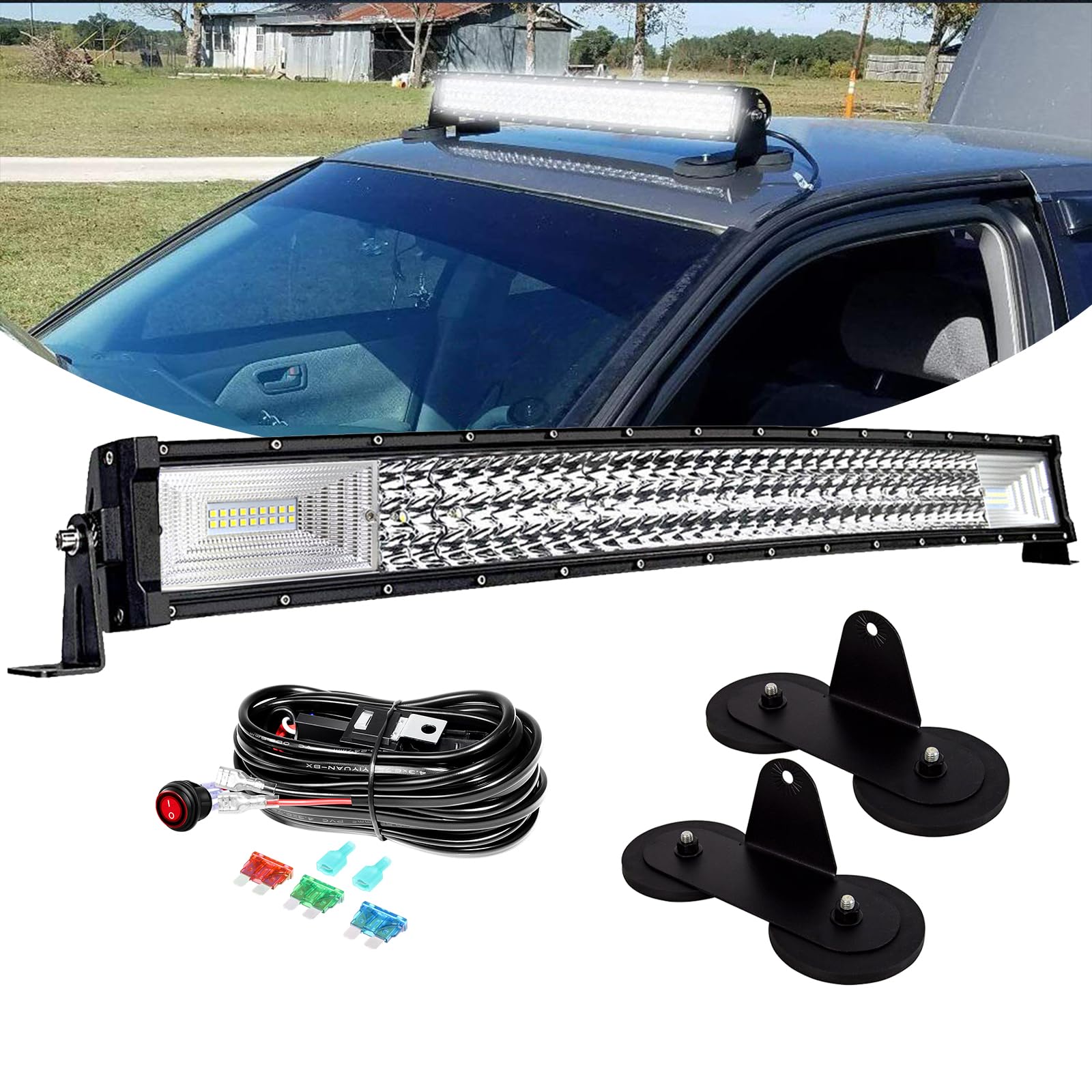 PICAA Gebogen 32 Zoll 405W LED Arbeitsscheinwerfer Bar+Magnetische Halterung+Kabelbaum Kit, Tri-Reihen LED Lightbar Lichtbalken 12V 24V Auto Offroad 4x4 Zusatzscheinwerfer von PICAA