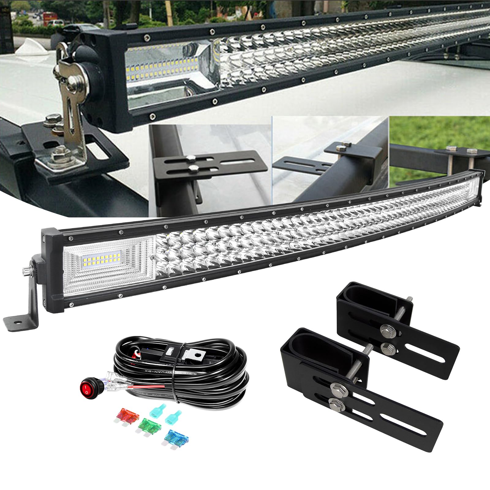 PICAA Gebogen 42 Zoll 540W LED Arbeitsscheinwerfer Bar+Magnetische Halterung+Kabelbaum Kit, Tri-Reihen LED Lightbar Lichtbalken 12V 24V Auto Offroad 4x4 Zusatzscheinwerfer von PICAA