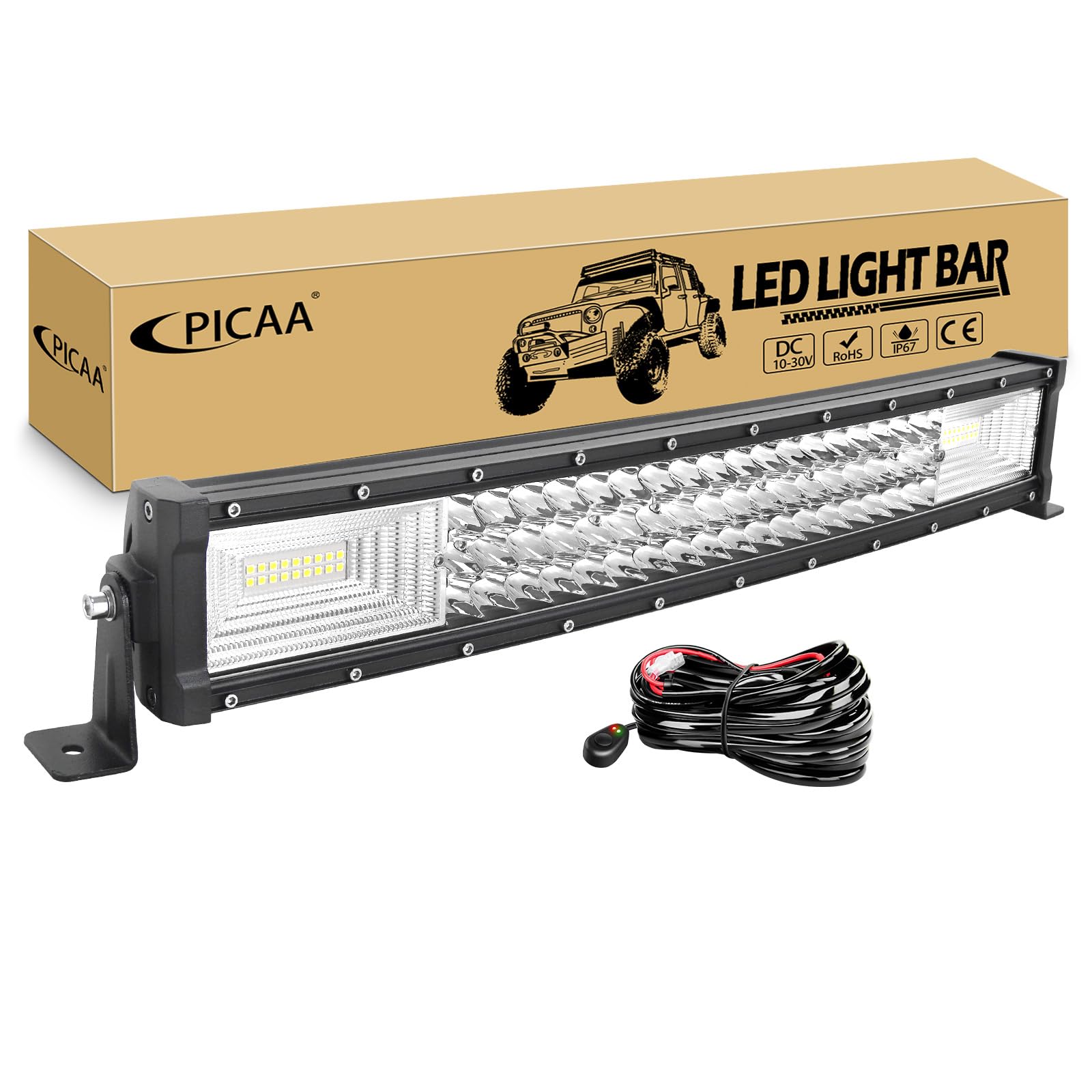 PICAA Gebogene LED Lightbar 22 Zoll 270W mit 12V Kabelbaum Kit, Tri-Reihen Spot Flood Combo Lichtbalken Arbeitsscheinwerfer für Auto Offroad 4X4 SUV LKW ATV von PICAA