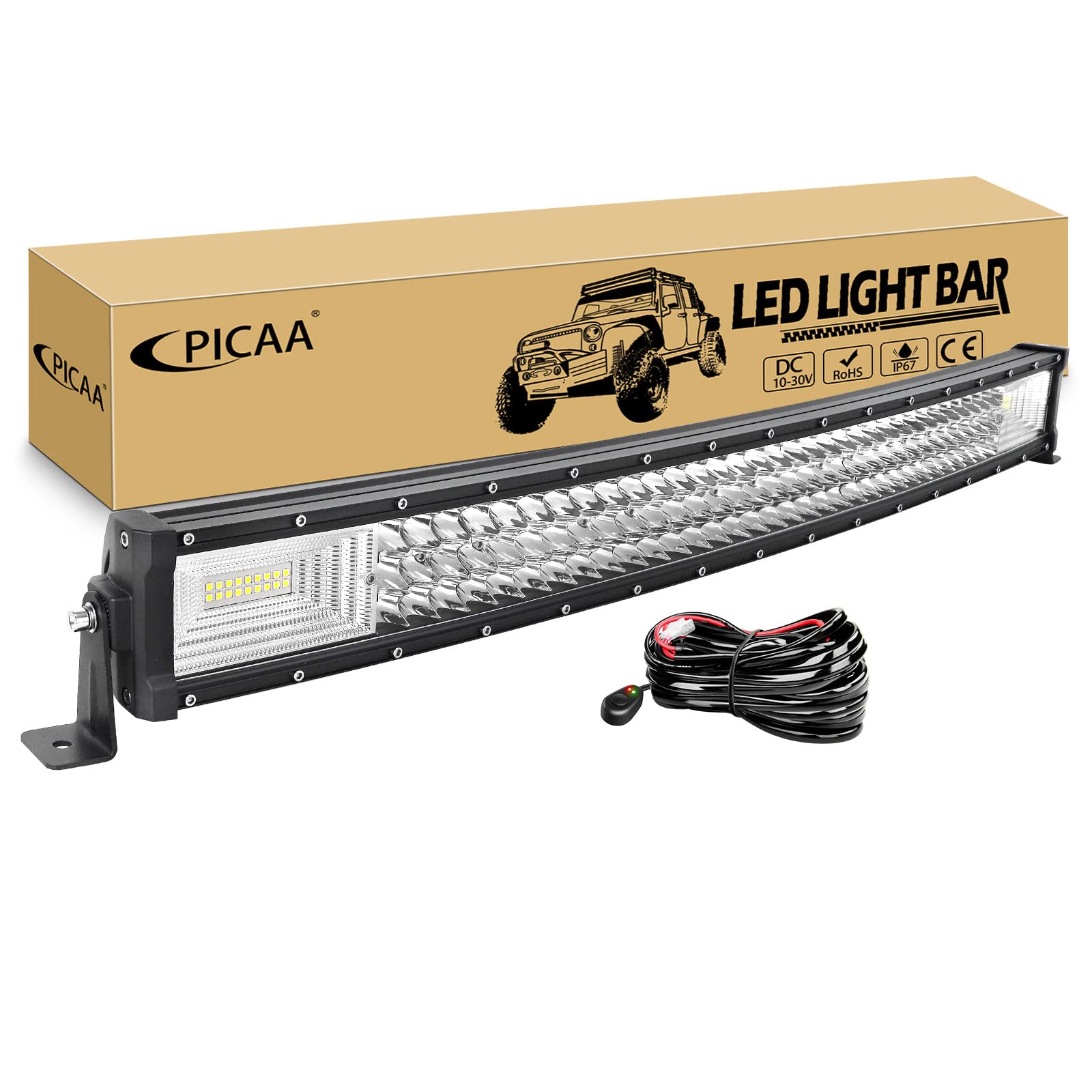 PICAA Gebogene LED Lightbar 32 Zoll 405W mit 12V Kabelbaum Kit, Tri-Reihen Spot Flood Combo Lichtbalken Arbeitsscheinwerfer für Auto Offroad 4X4 SUV LKW ATV von PICAA