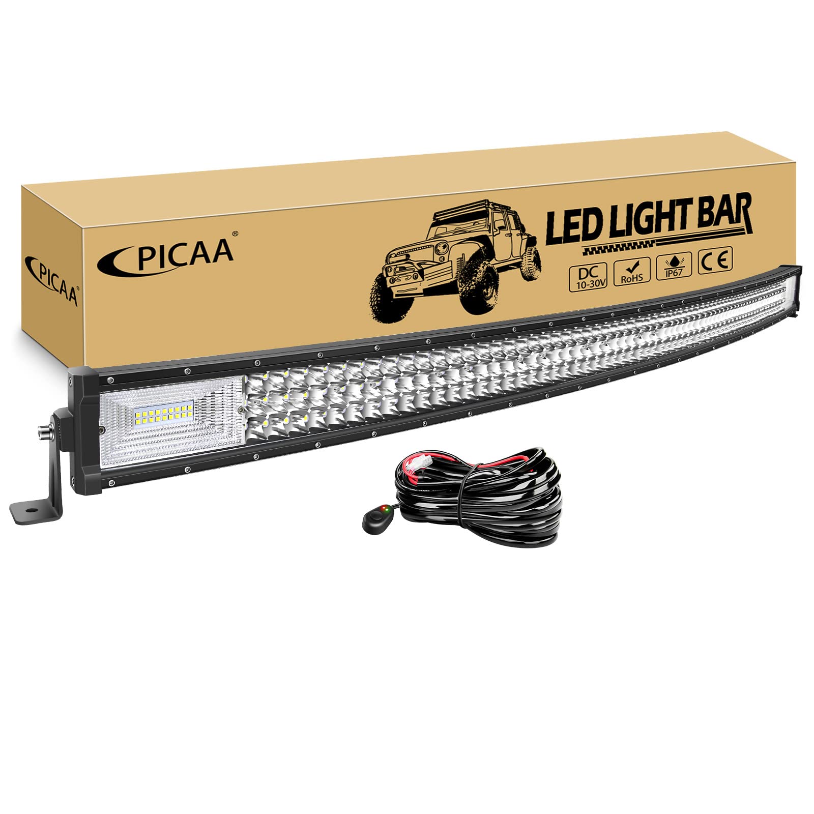 PICAA Gebogene LED Lightbar 52 Zoll 675W mit 12V Kabelbaum Kit, Tri-Reihen Spot Flood Combo Lichtbalken Arbeitsscheinwerfer für Auto Offroad 4X4 SUV LKW ATV von PICAA