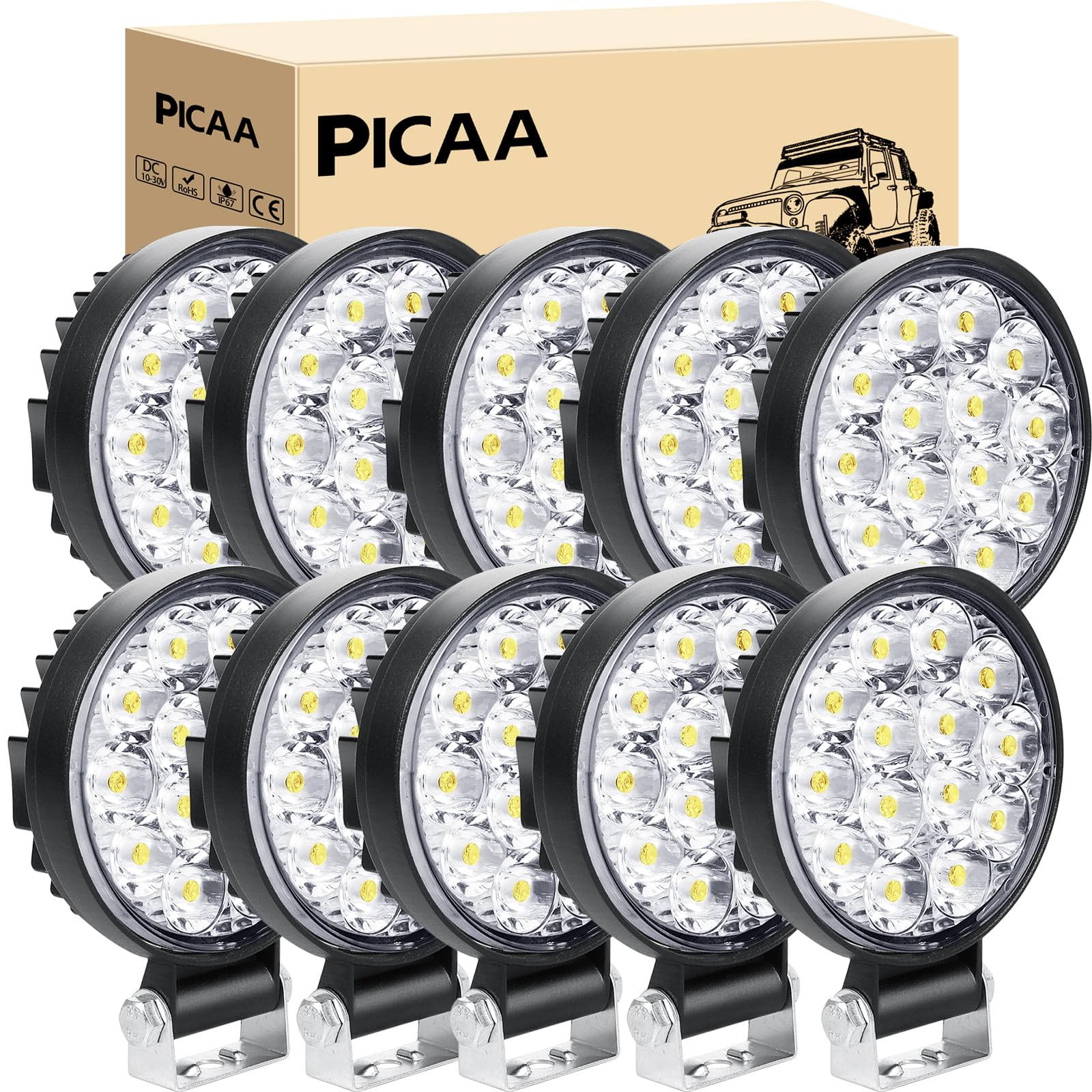 PICAA LED Arbeitsscheinwerfer 10X 3.2 Zoll 42W Arbeitsscheinwerfer Traktor 12V 24V Spotlight Wasserdicht Arbeitslicht led zusatzscheinwerfer für Bagger Traktoren Schlepper ATV Lkw Offroad 4X4 von PICAA