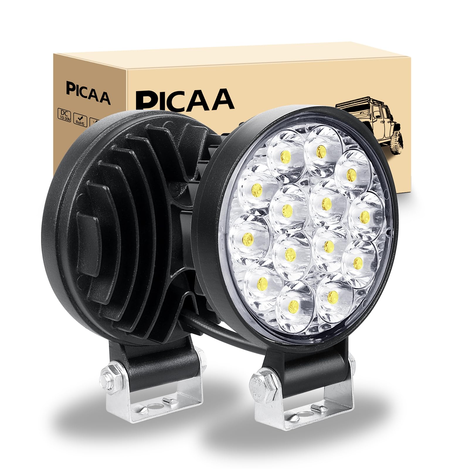 PICAA LED Arbeitsscheinwerfer 2X 3.2 Zoll 42W Arbeitsscheinwerfer Traktor 12V 24V Spotlight Wasserdicht Arbeitslicht led zusatzscheinwerfer für Bagger Traktoren Schlepper ATV Lkw Offroad 4X4 von PICAA