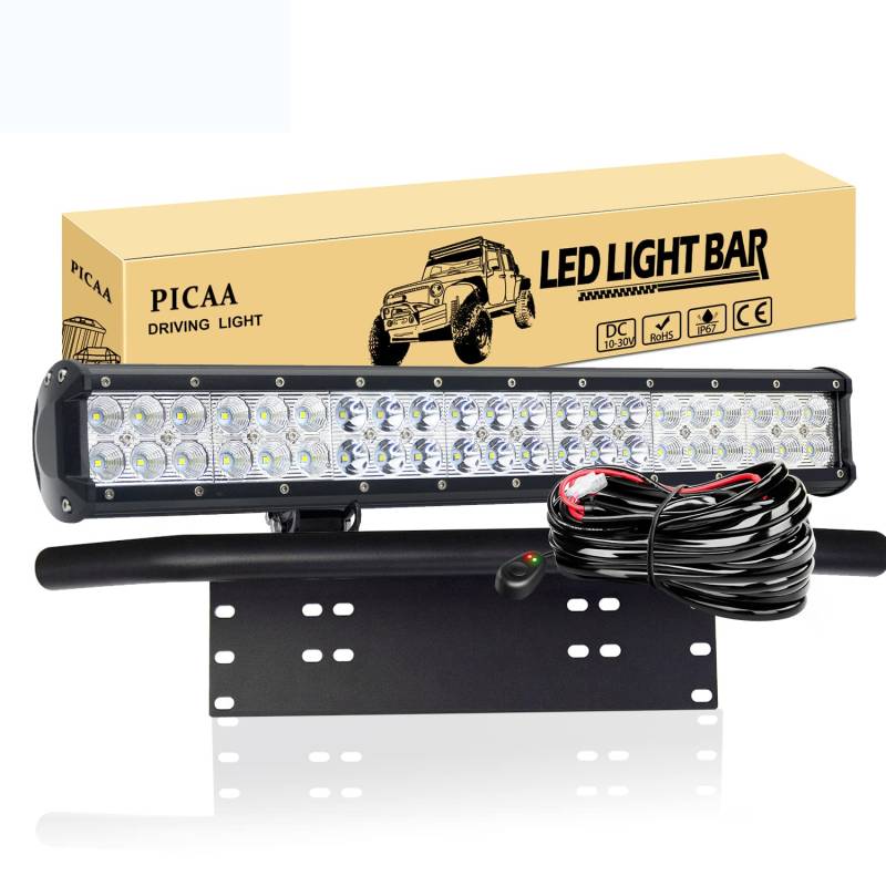 PICAA LED Lichtleiste Led Arbeitsscheinwerfer 20 Zoll 126W Led Lichtbalken 12V Led Zusatzscheinwerfer Bar LED Arbeit Licht Bar Mit Kennzeichenhalter Mit Kabelbaum für SUV Offroad ATV UTV 4x4 Auto von PICAA