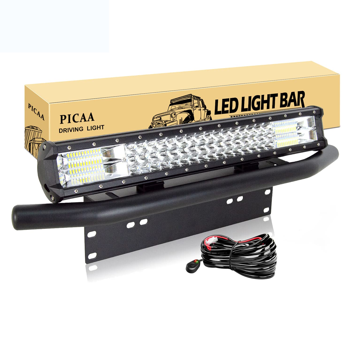 PICAA LED Lichtleiste Led Arbeitsscheinwerfer 7D 20 Zoll 288W Led Lichtbalken 12V Led Zusatzscheinwerfer Bar LED Arbeit Licht Bar Mit Kennzeichenhalter Mit Kabelbaum für SUV Offroad ATV UTV 4x4 Auto von PICAA